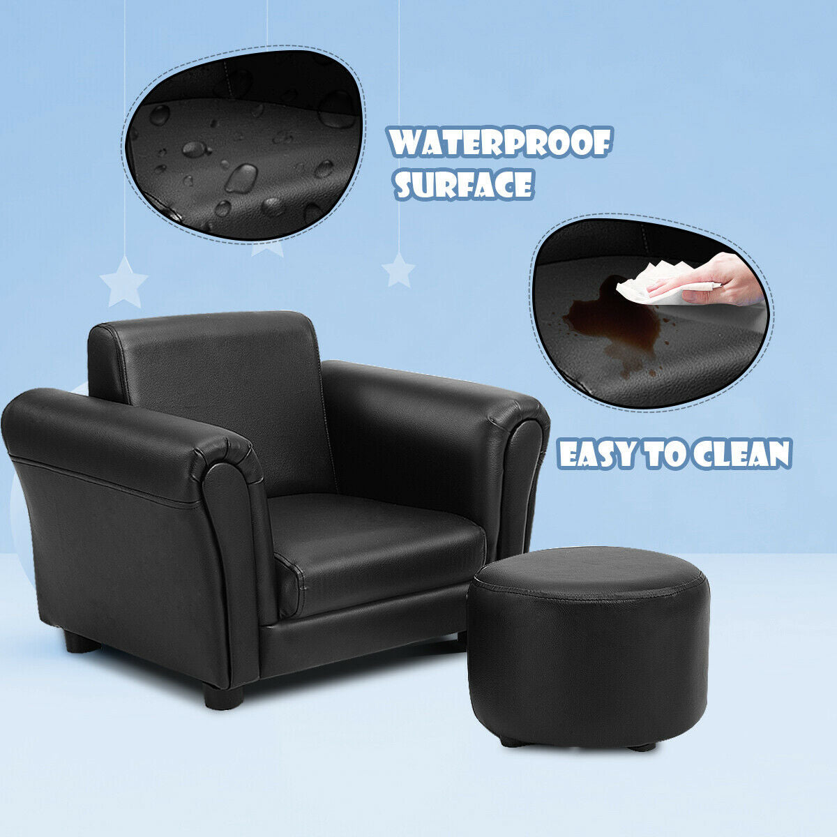 Black Kids Single Armrest Couch Sofa with OttomanÂ