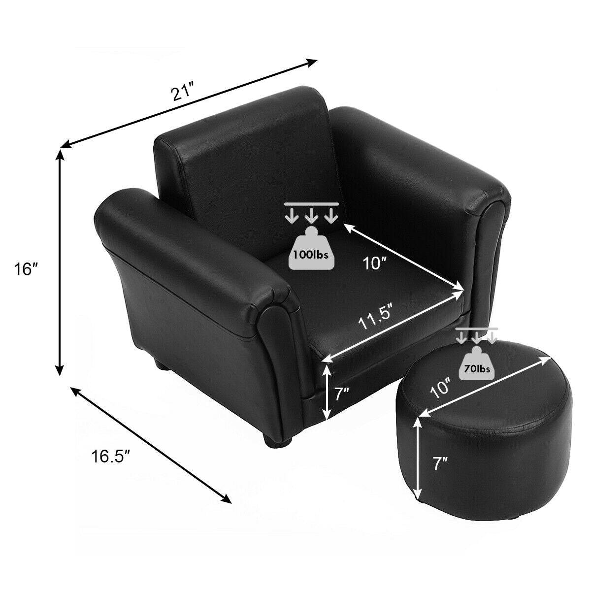 Black Kids Single Armrest Couch Sofa with OttomanÂ
