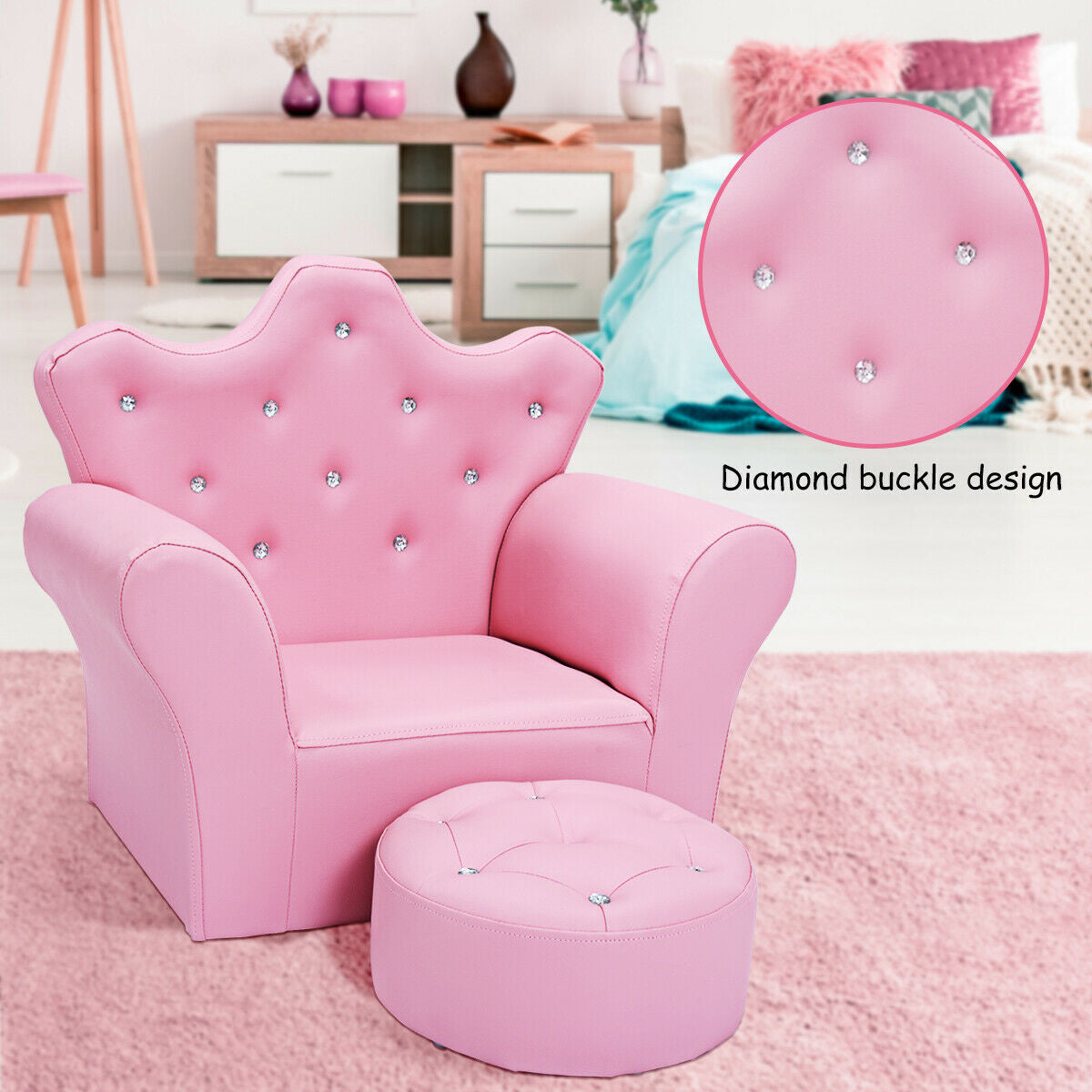 Children Upholstered Princess Sofa with Ottoman and Diamond Decoration for Boys and Girls-PinkÂ