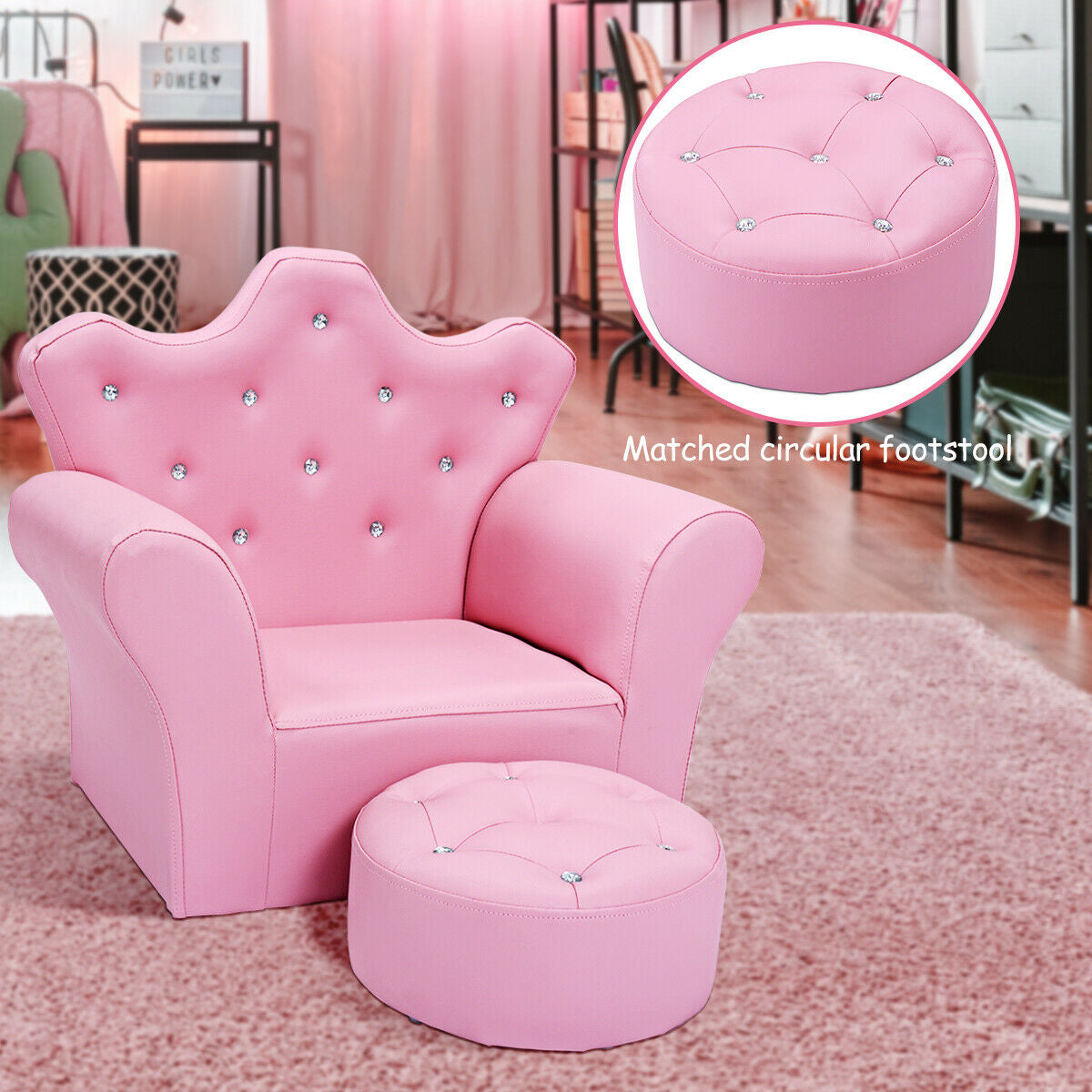 Children Upholstered Princess Sofa with Ottoman and Diamond Decoration for Boys and Girls-PinkÂ