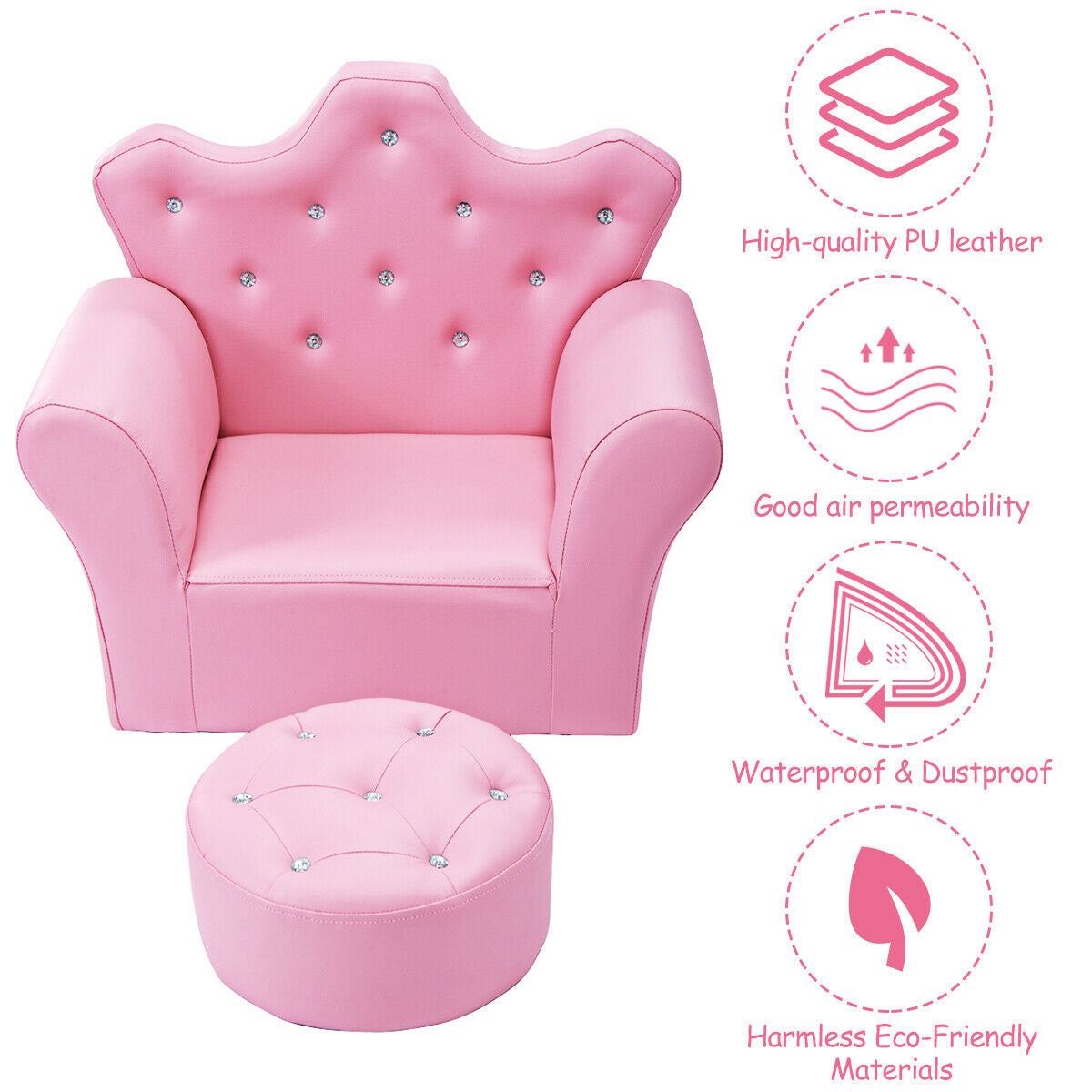 Children Upholstered Princess Sofa with Ottoman and Diamond Decoration for Boys and Girls-PinkÂ