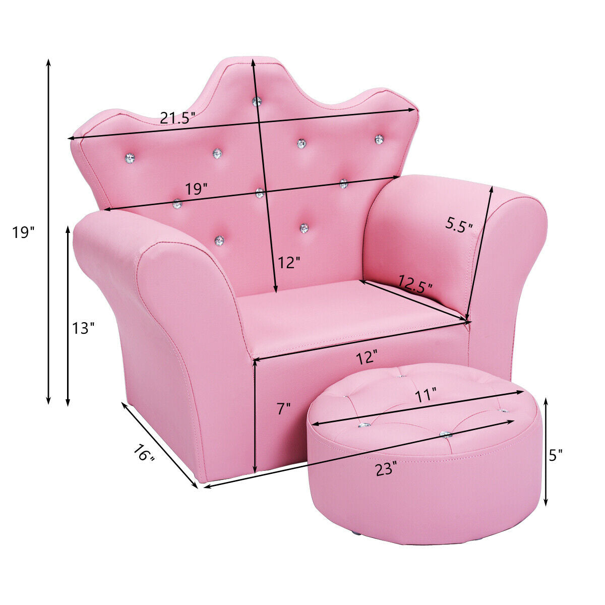Children Upholstered Princess Sofa with Ottoman and Diamond Decoration for Boys and Girls-PinkÂ