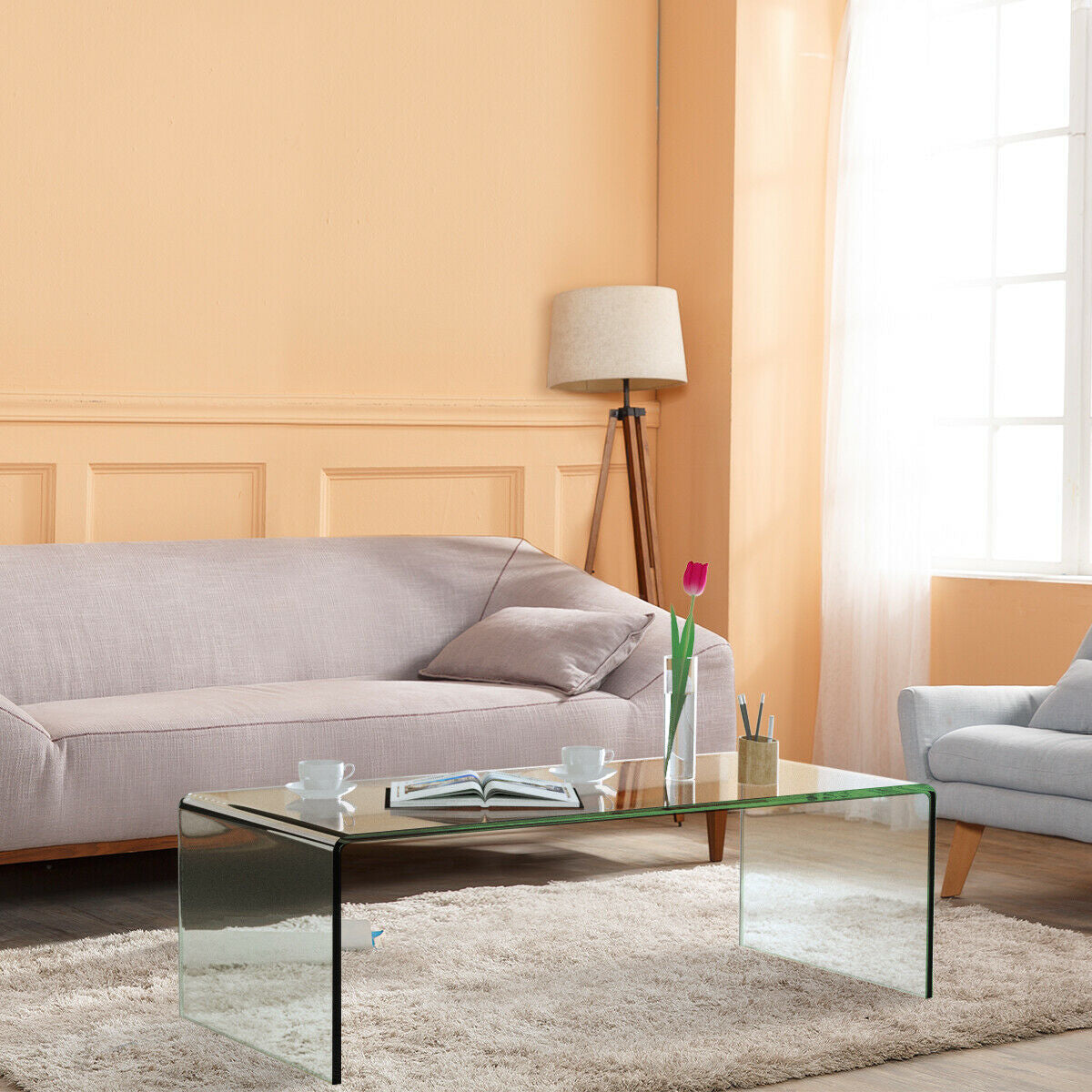 42 x 19.7 Inch Clear Tempered Glass Coffee Table with Rounded EdgesÂ