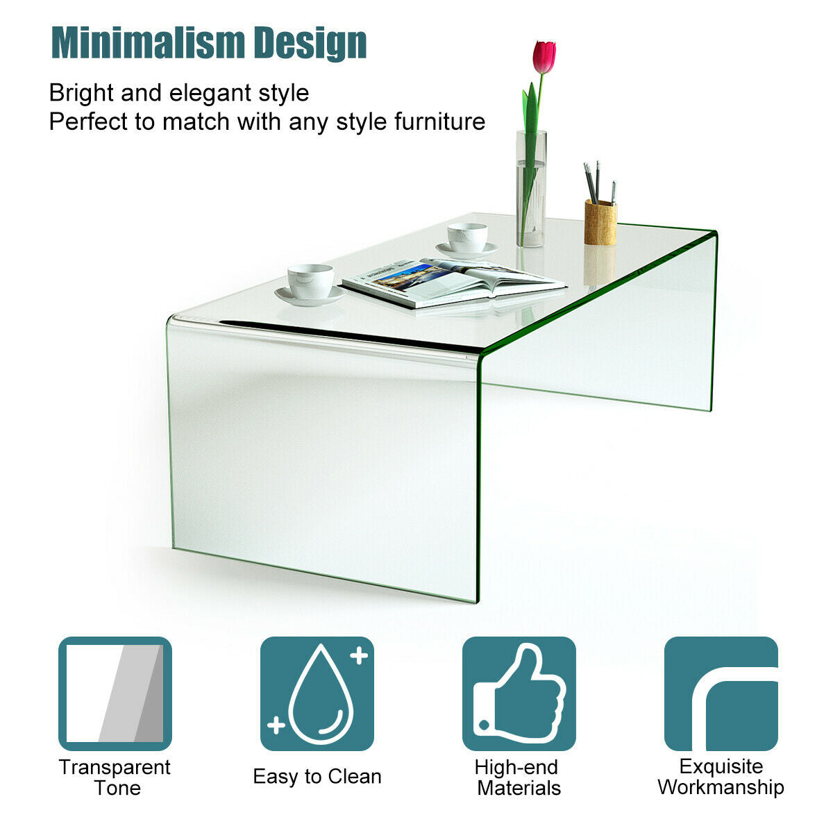 42 x 19.7 Inch Clear Tempered Glass Coffee Table with Rounded EdgesÂ