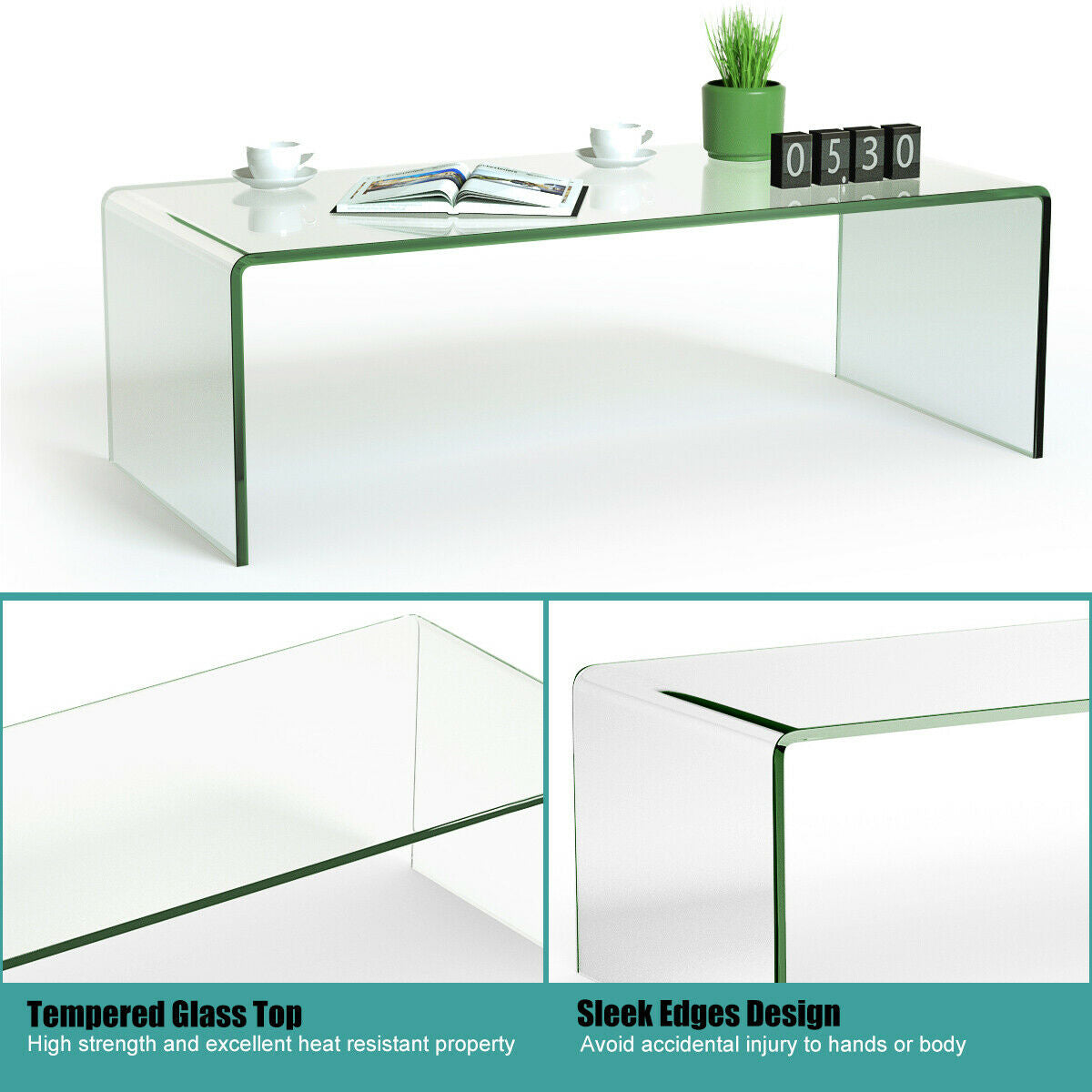 42 x 19.7 Inch Clear Tempered Glass Coffee Table with Rounded EdgesÂ