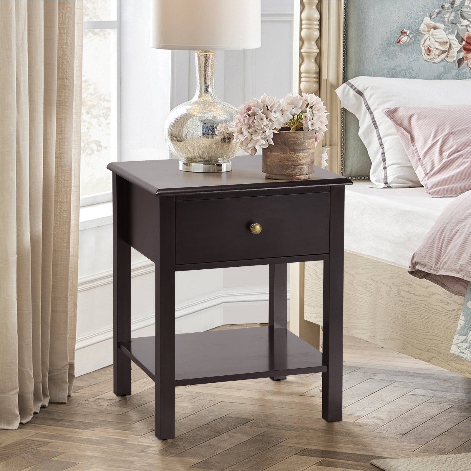 Nightstand End Table with Drawer and Shelf-BrownÂ