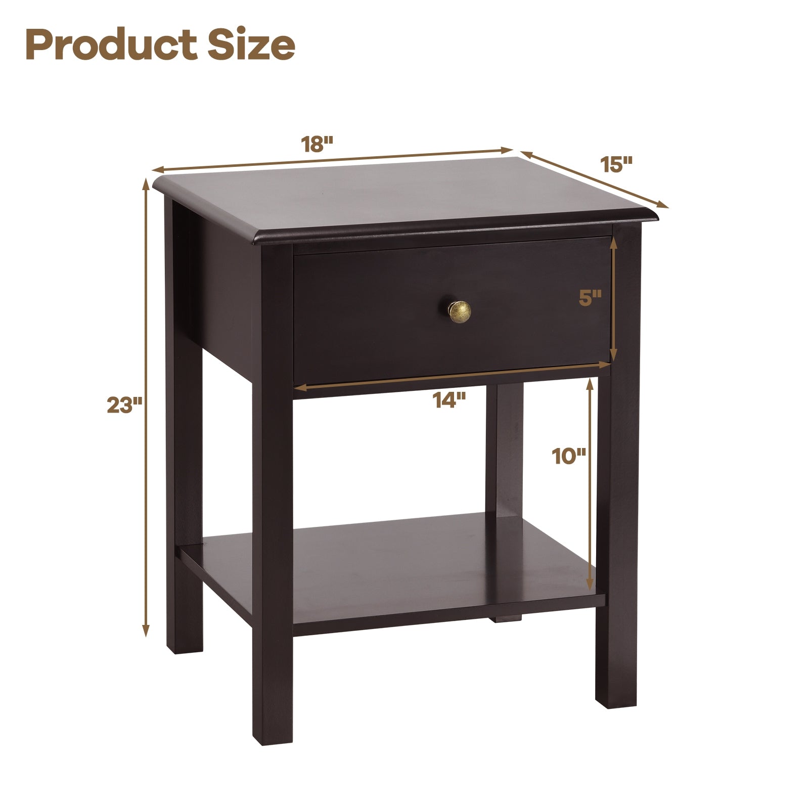 Nightstand End Table with Drawer and Shelf-BrownÂ