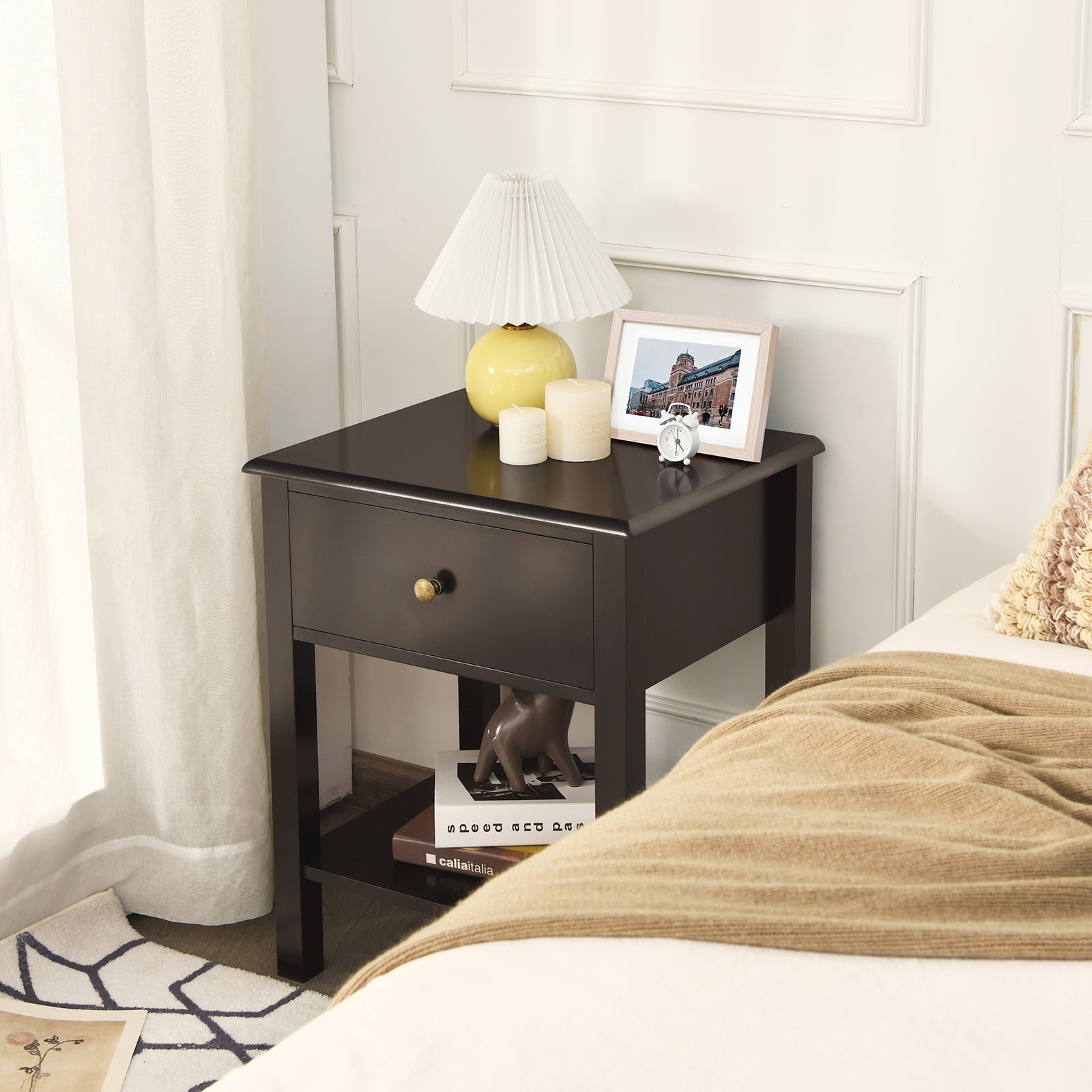 Nightstand End Table with Drawer and Shelf-BrownÂ