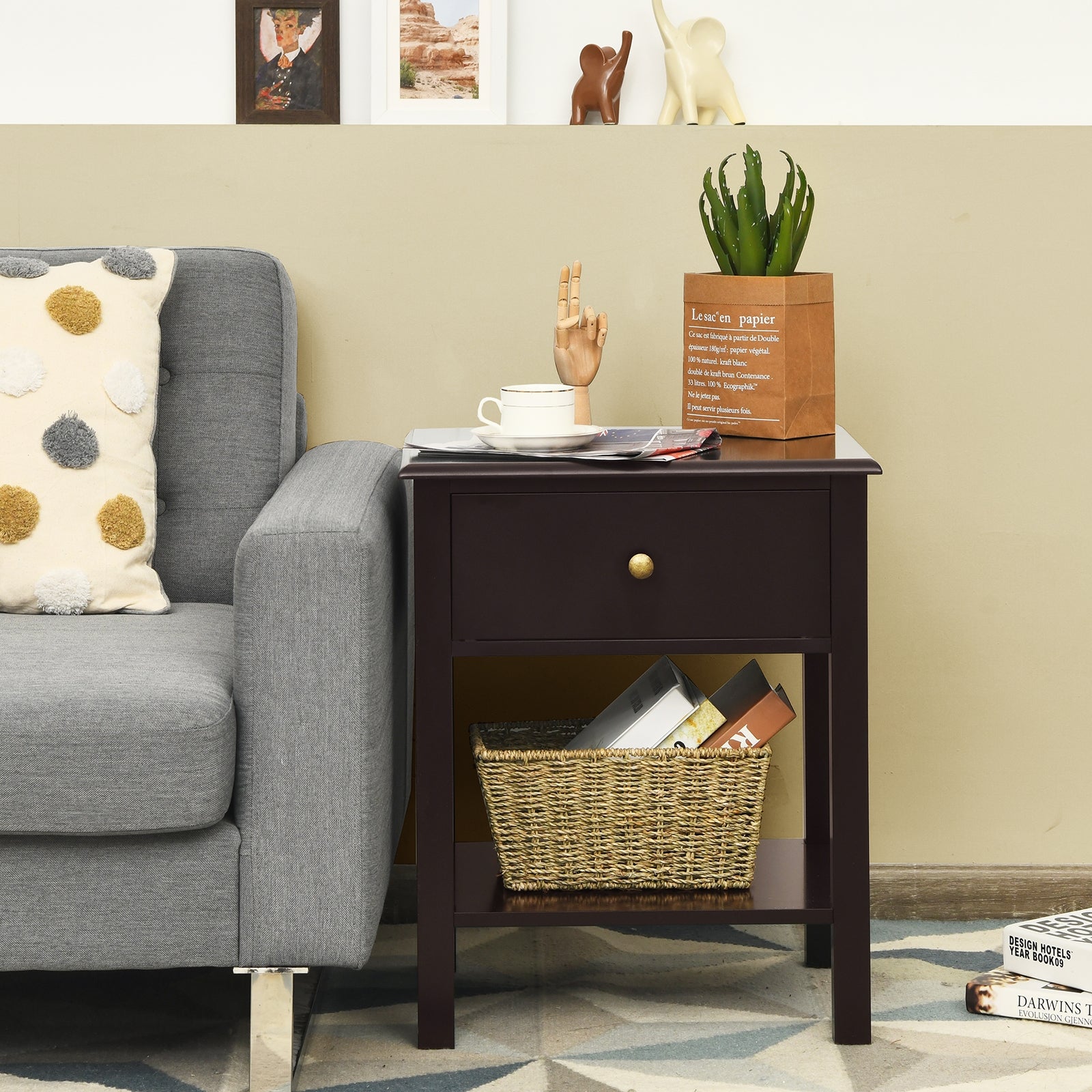 Nightstand End Table with Drawer and Shelf-BrownÂ