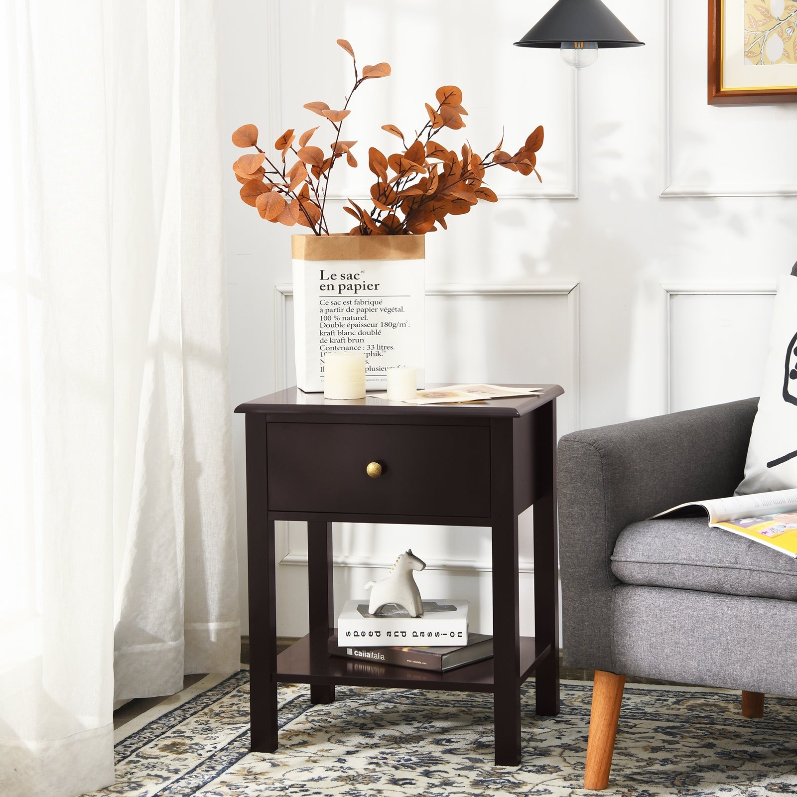 Nightstand End Table with Drawer and Shelf-BrownÂ