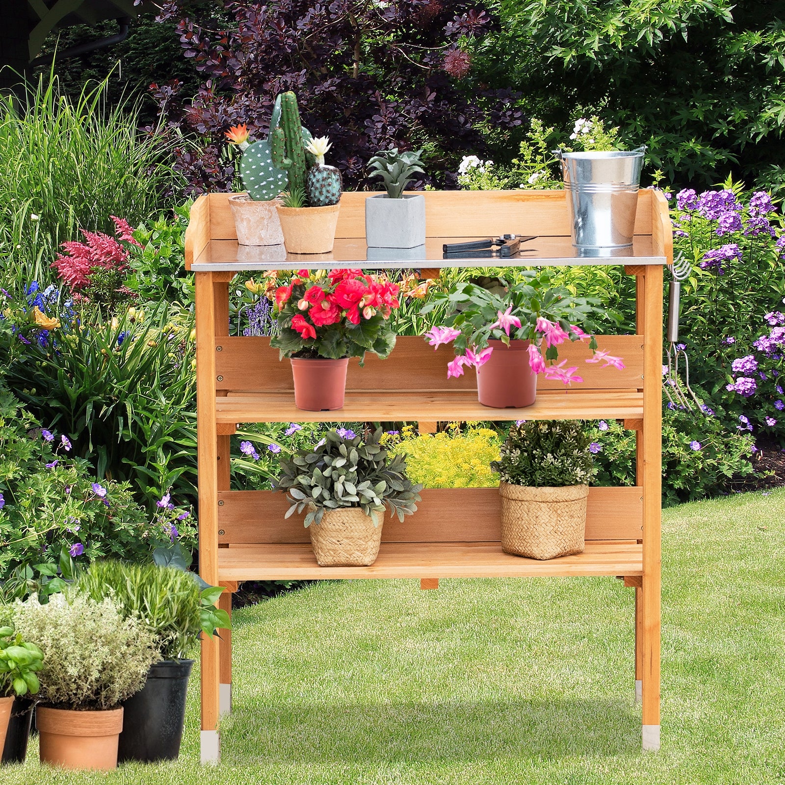 Garden Wooden Potting Bench Work Station with HookÂ