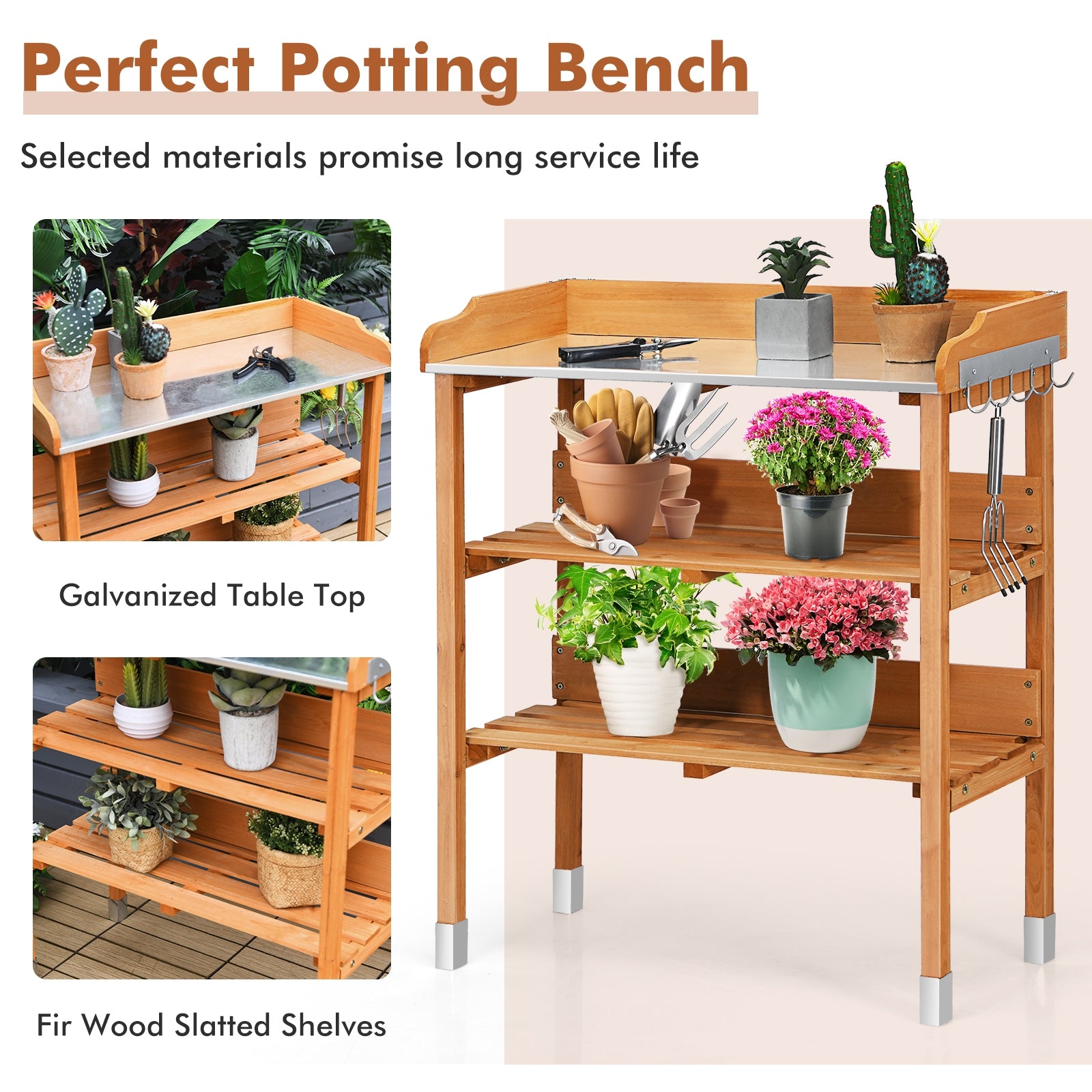 Garden Wooden Potting Bench Work Station with HookÂ