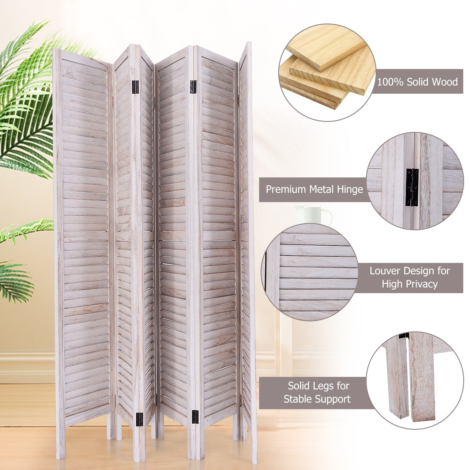 6 Panels Classic Venetian Wooden Slat Room ScreenÂ