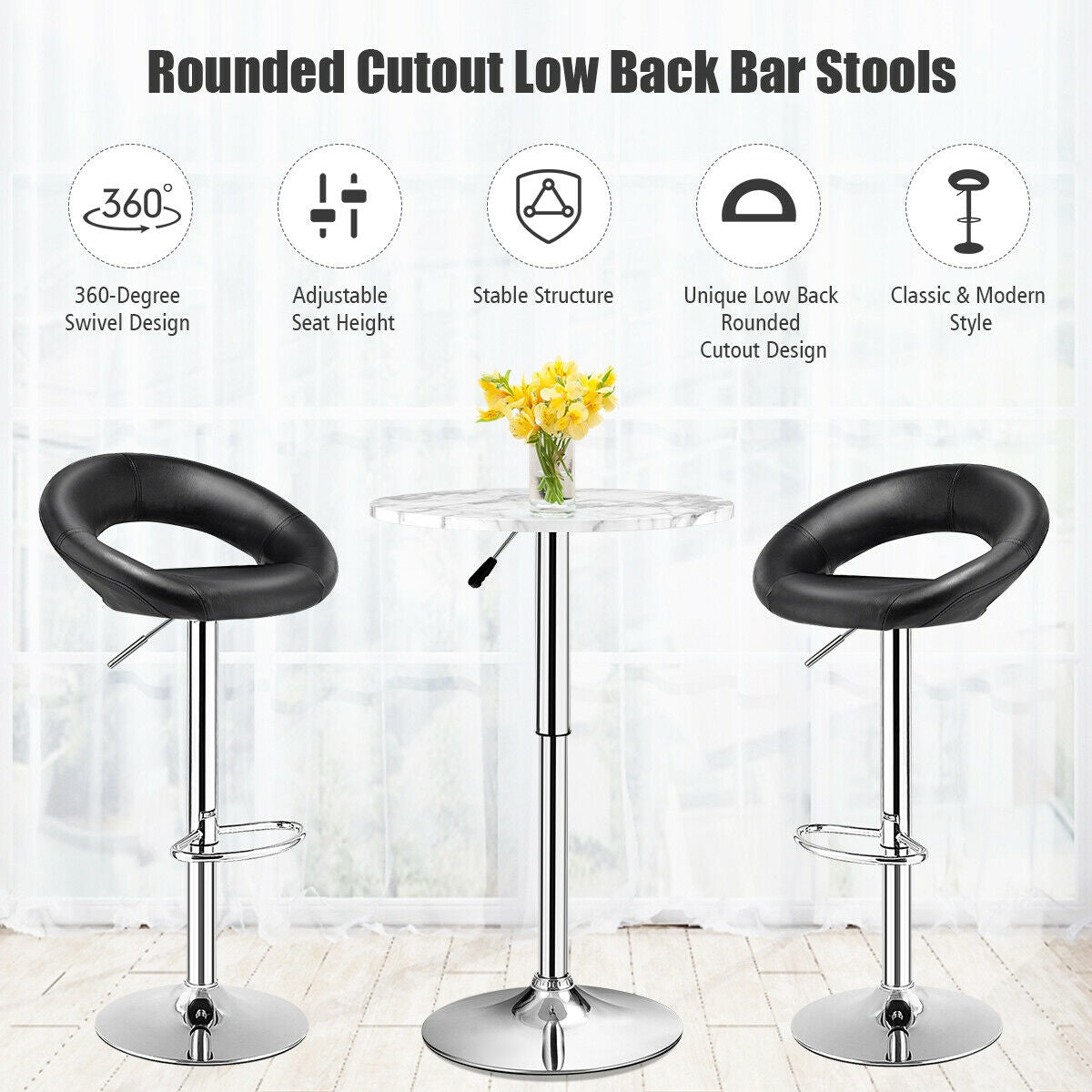 Set Of 2 Bar Stools Adjustable PU Leather Barstools Swivel Pub Chairs-BlackÂ