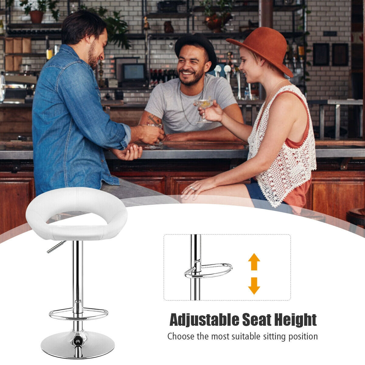 Set Of 2 Bar Stools Adjustable PU Leather Barstools Swivel Pub Chairs-WhiteÂ