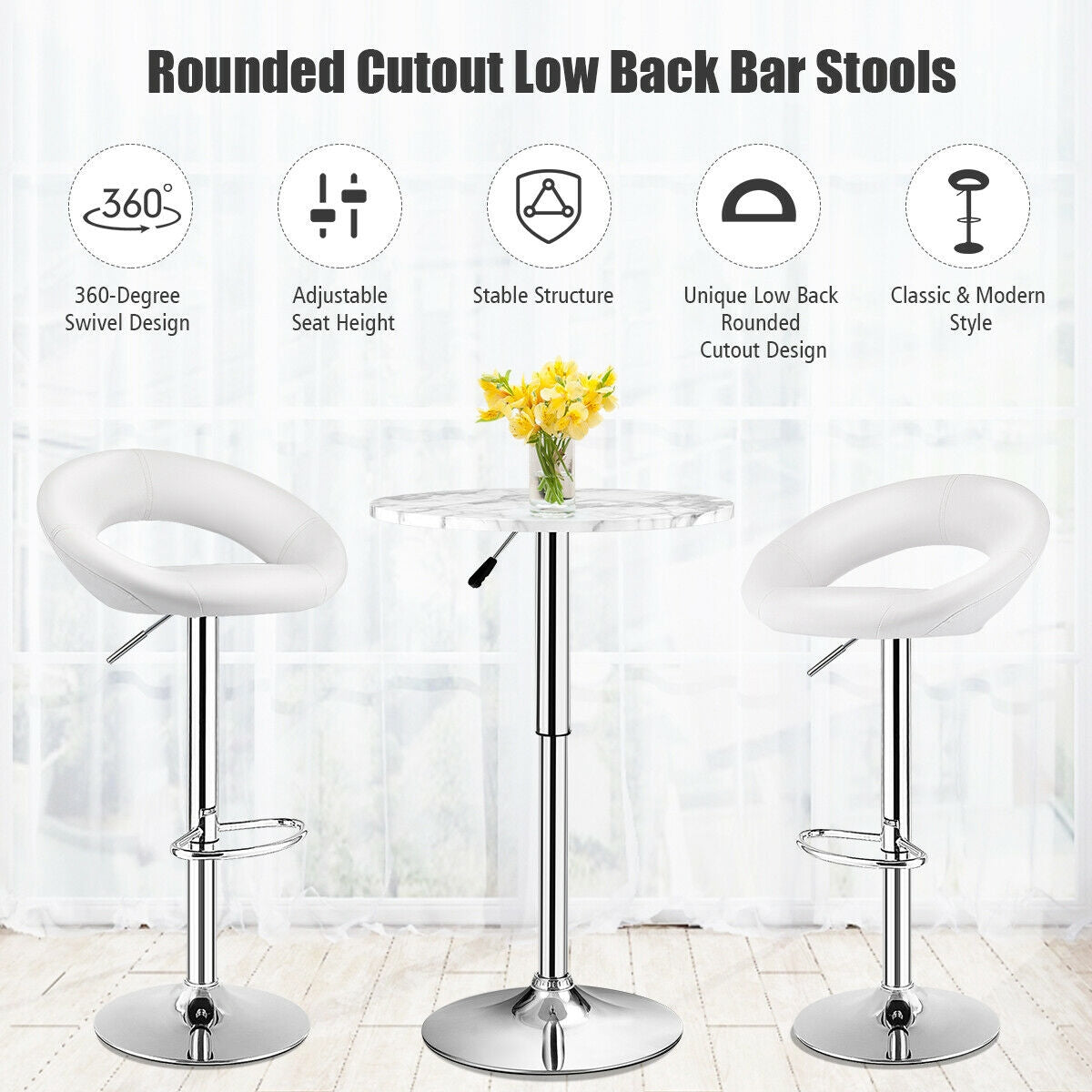 Set Of 2 Bar Stools Adjustable PU Leather Barstools Swivel Pub Chairs-WhiteÂ