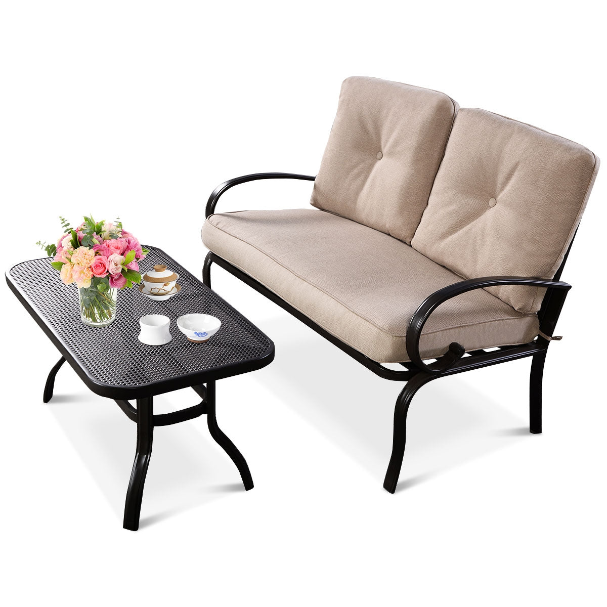 2 Pieces Patio Outdoor Cushioned Coffee Table Seat-BeigeÂ