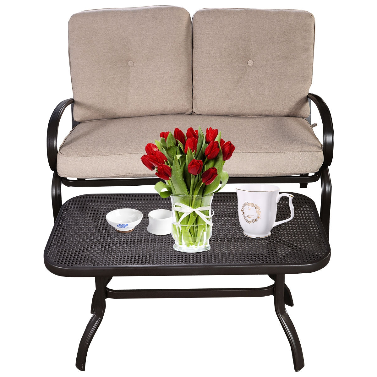 2 Pieces Patio Outdoor Cushioned Coffee Table Seat-BeigeÂ