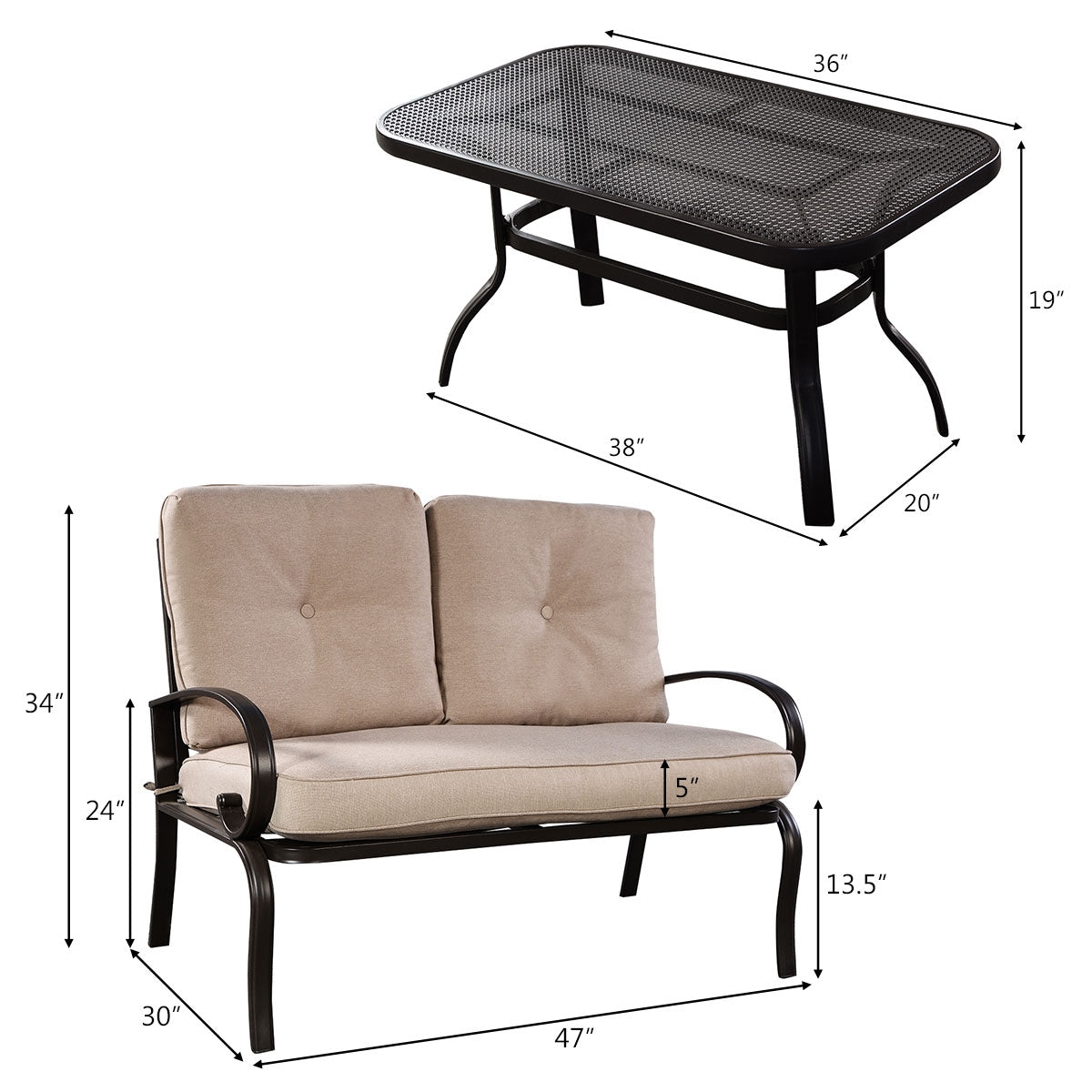 2 Pieces Patio Outdoor Cushioned Coffee Table Seat-BeigeÂ