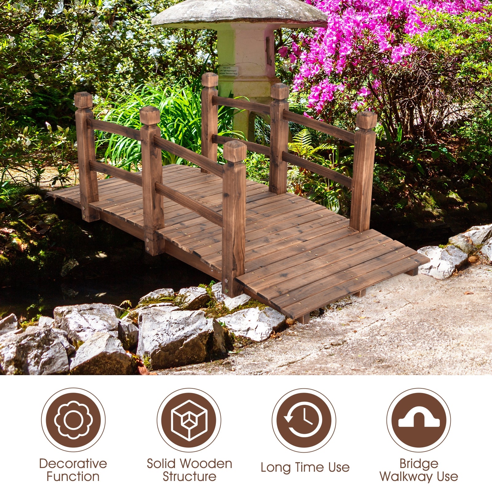5' Wooden Garden Bridge Arc Stained Finish Footbridge DecorativeÂ