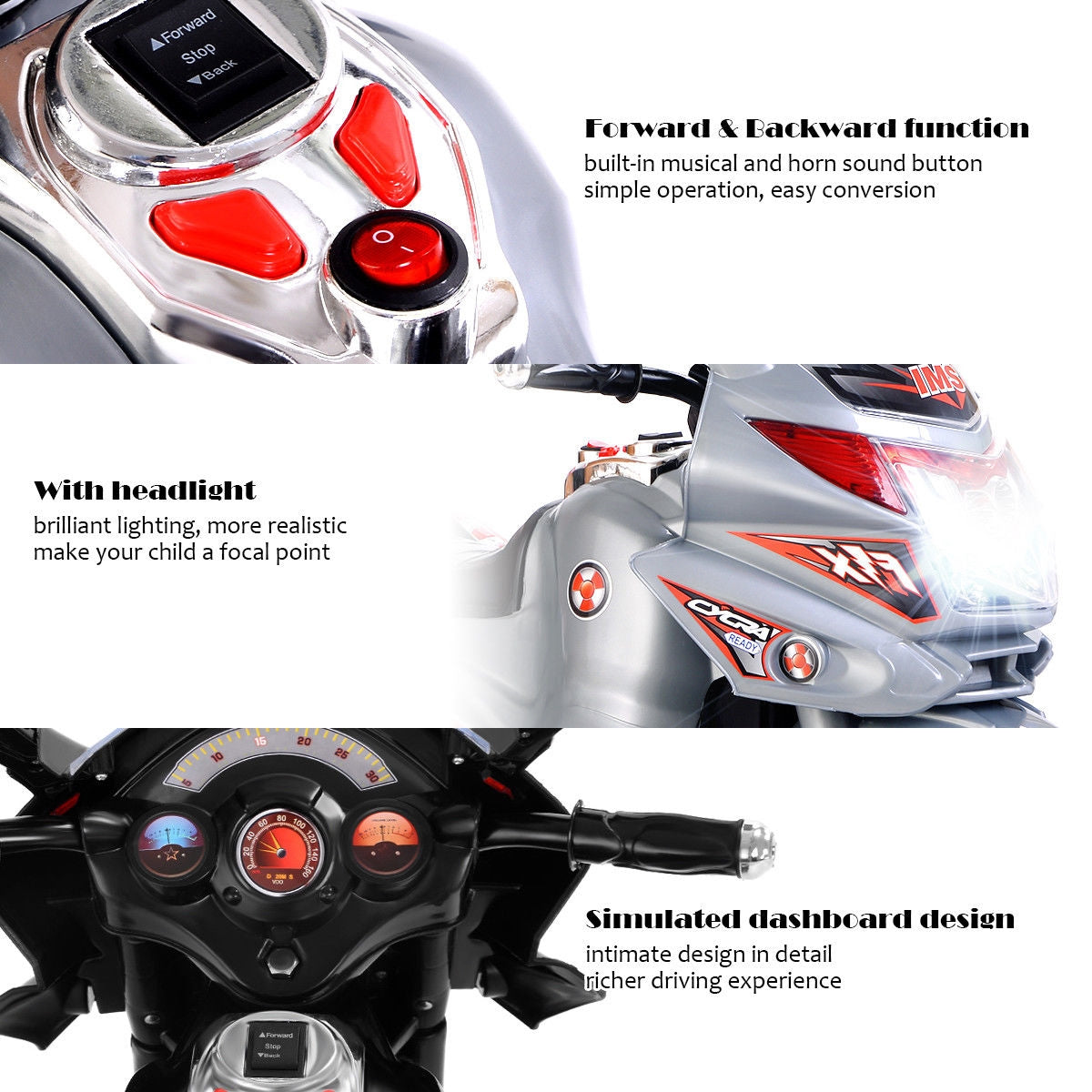 6V Powered 3 Wheels Kids Electric Ride-on Toy Motorcycle-GrayÂ