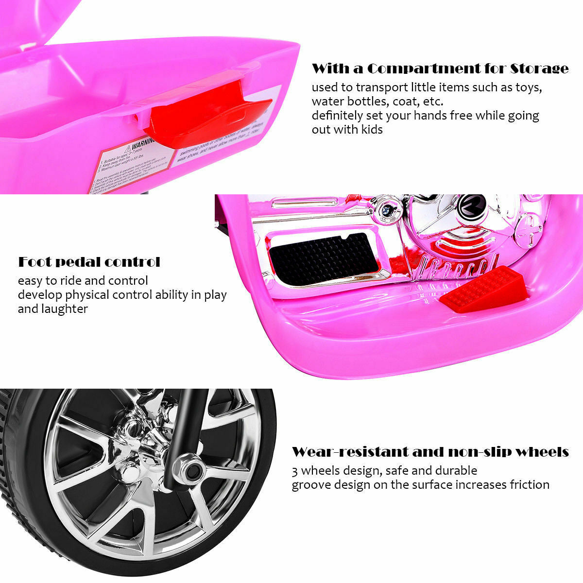6V Powered 3 Wheels Kids Electric Ride-on Toy Motorcycle-PinkÂ