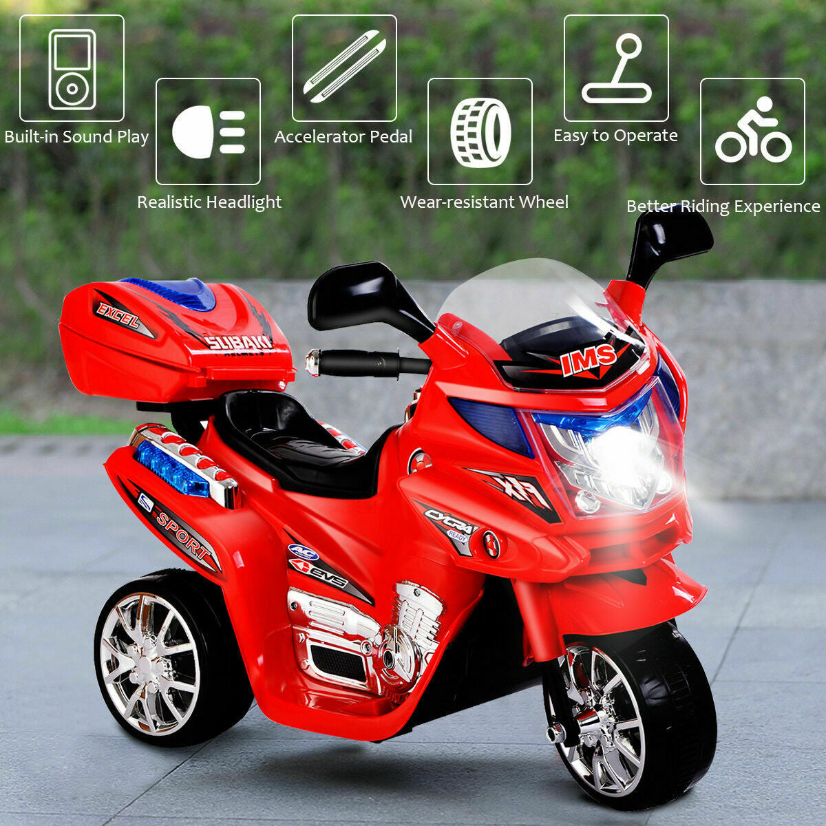 6V Powered 3 Wheels Kids Electric Ride-on Toy Motorcycle-RedÂ