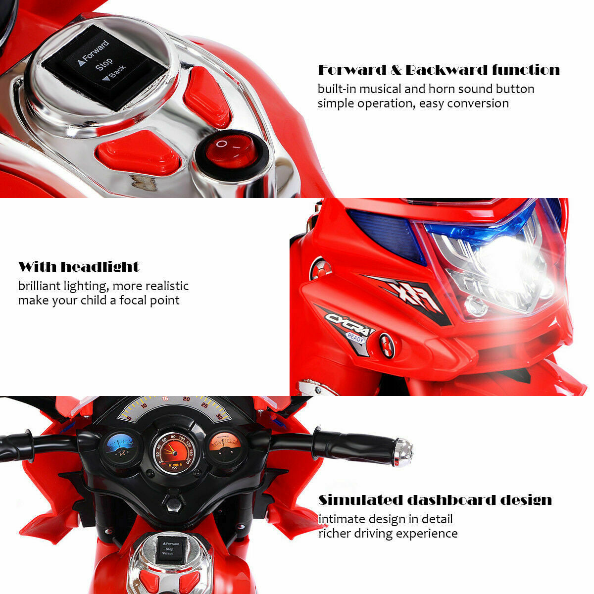 6V Powered 3 Wheels Kids Electric Ride-on Toy Motorcycle-RedÂ