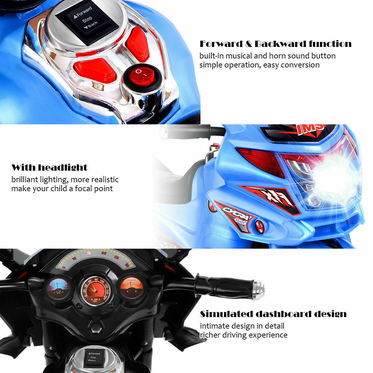 6V Powered 3 Wheels Kids Electric Ride-on Toy Motorcycle-BlueÂ