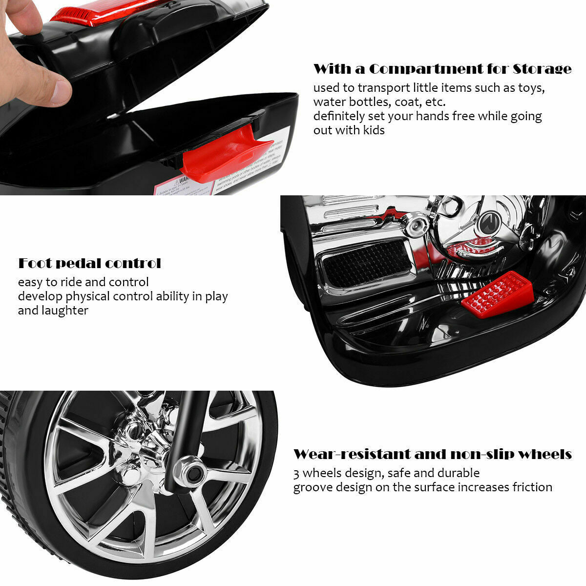 6V Powered 3 Wheels Kids Electric Ride-on Toy Motorcycle-BlackÂ