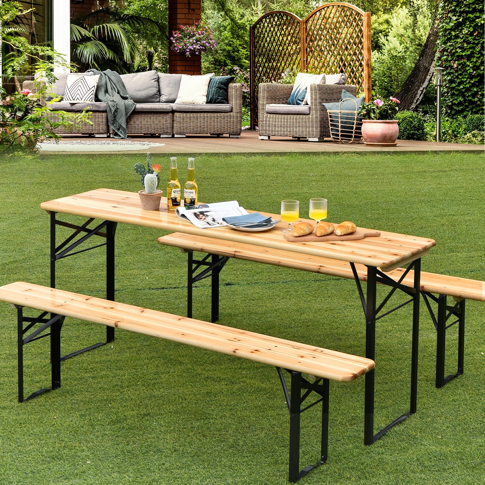 3 Pieces Folding Wooden Picnic Table Bench SetÂ