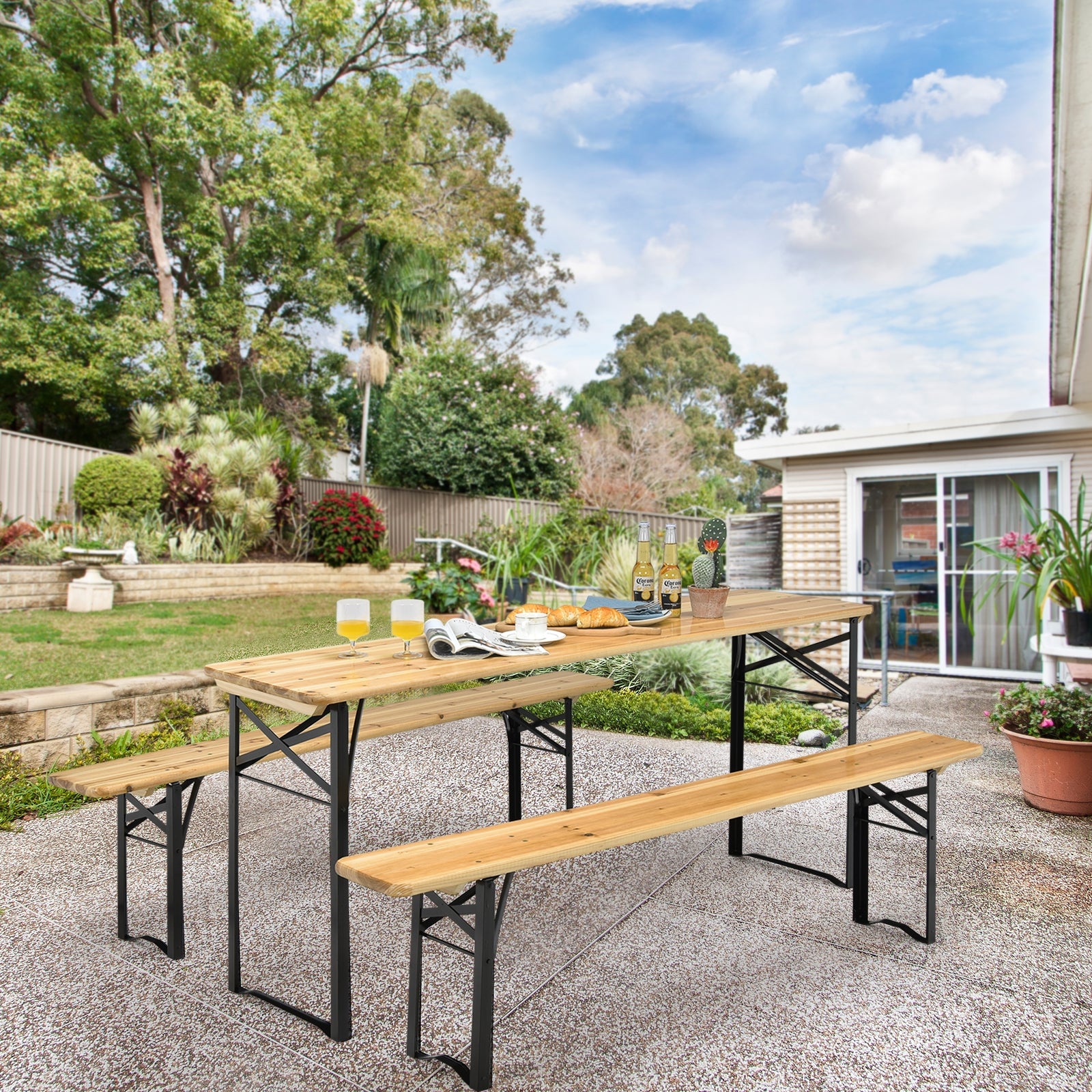 3 Pieces Folding Wooden Picnic Table Bench SetÂ