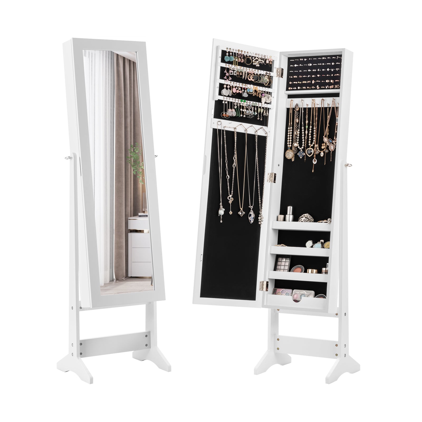 New Mirrored Jewelry Cabinet Armoire Mirror Organizer Storage Box Ring w/ Stand-WhiteÂ