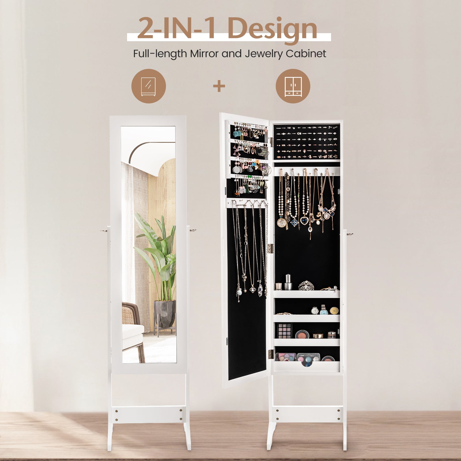 New Mirrored Jewelry Cabinet Armoire Mirror Organizer Storage Box Ring w/ Stand-WhiteÂ