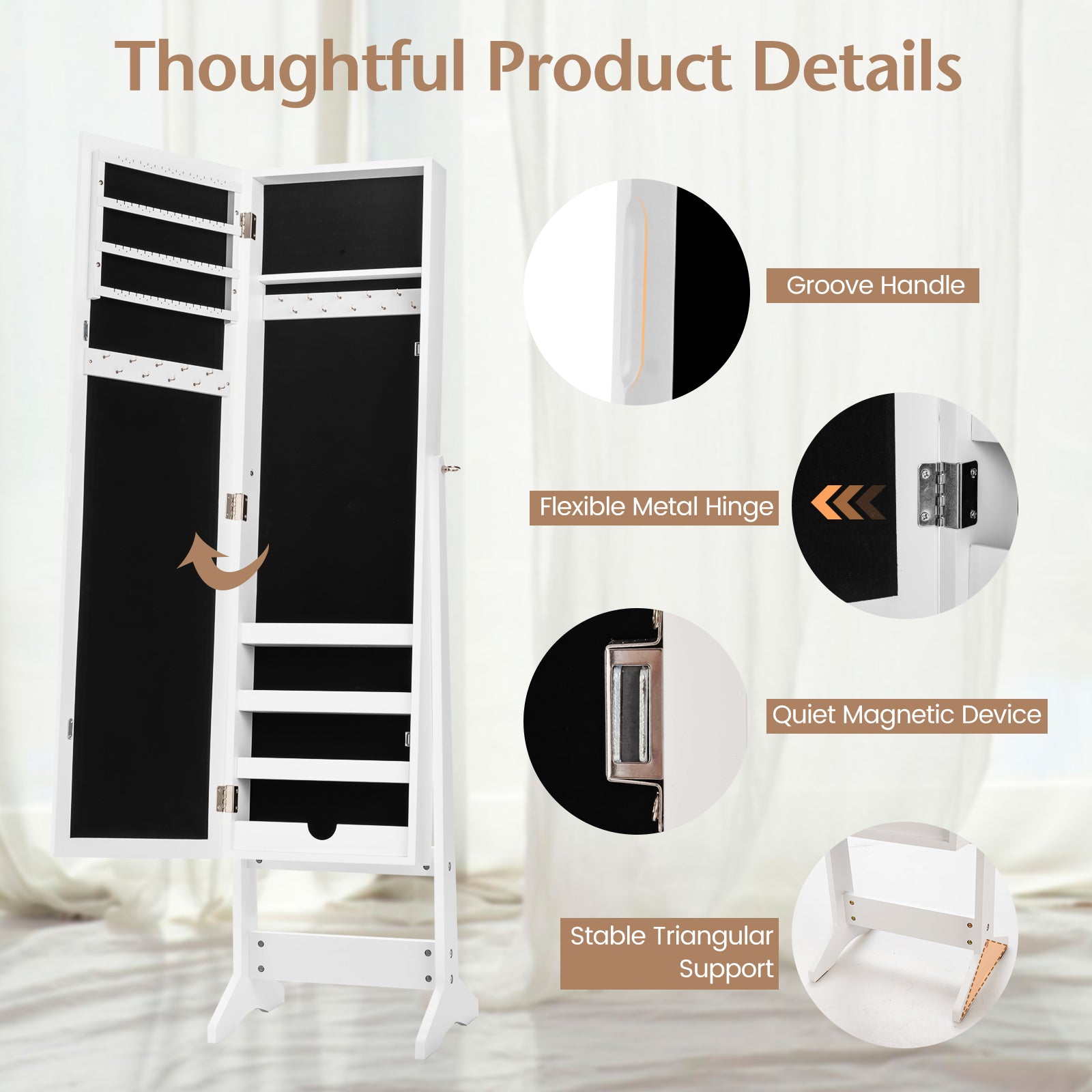 New Mirrored Jewelry Cabinet Armoire Mirror Organizer Storage Box Ring w/ Stand-WhiteÂ