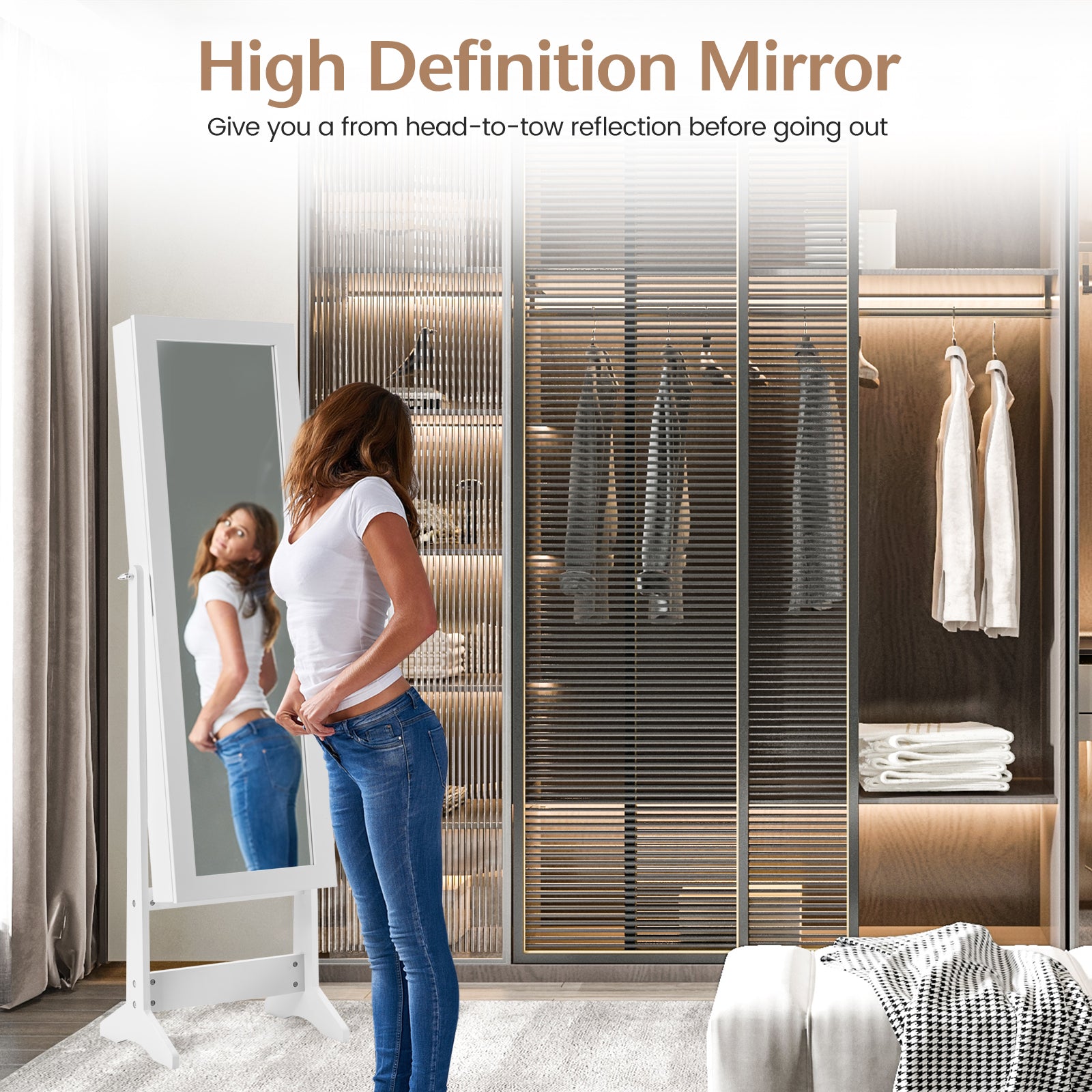 New Mirrored Jewelry Cabinet Armoire Mirror Organizer Storage Box Ring w/ Stand-WhiteÂ