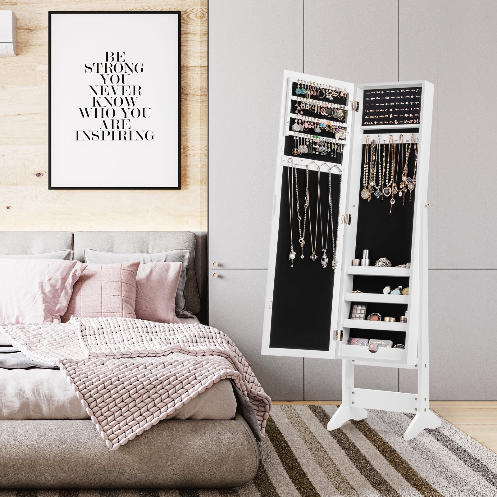 New Mirrored Jewelry Cabinet Armoire Mirror Organizer Storage Box Ring w/ Stand-WhiteÂ