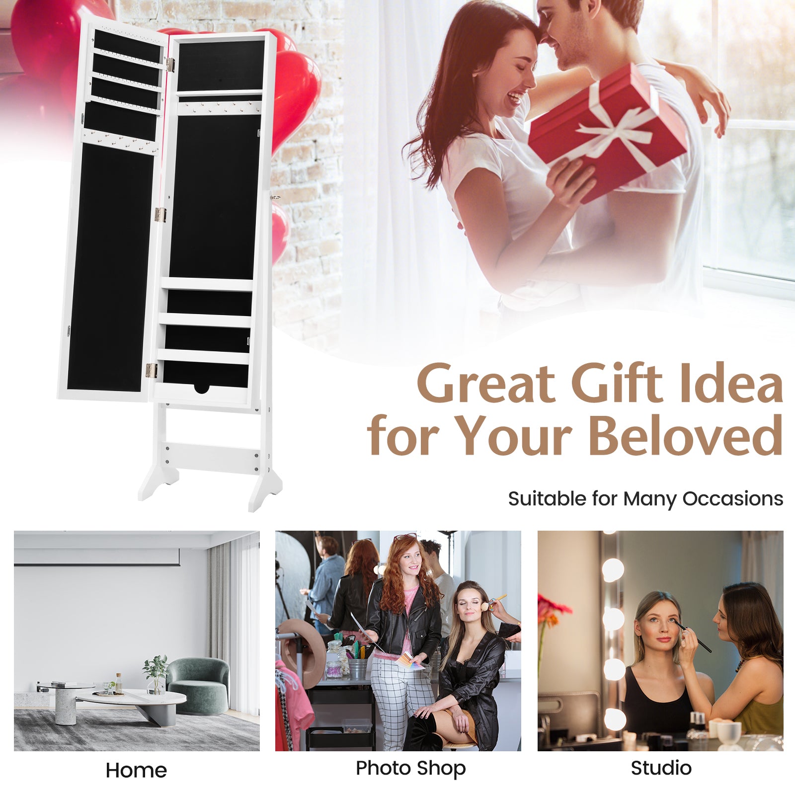 New Mirrored Jewelry Cabinet Armoire Mirror Organizer Storage Box Ring w/ Stand-WhiteÂ