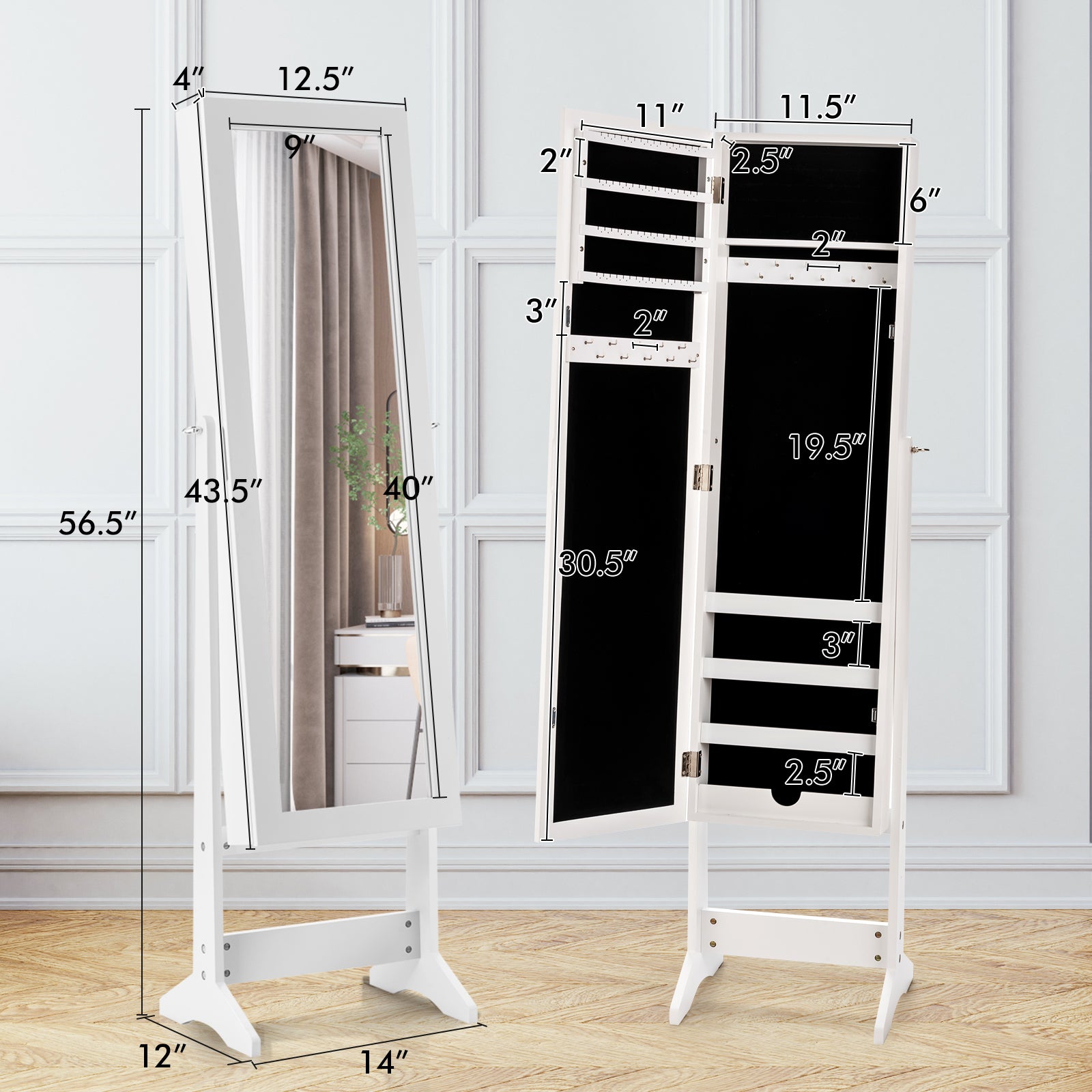 New Mirrored Jewelry Cabinet Armoire Mirror Organizer Storage Box Ring w/ Stand-WhiteÂ