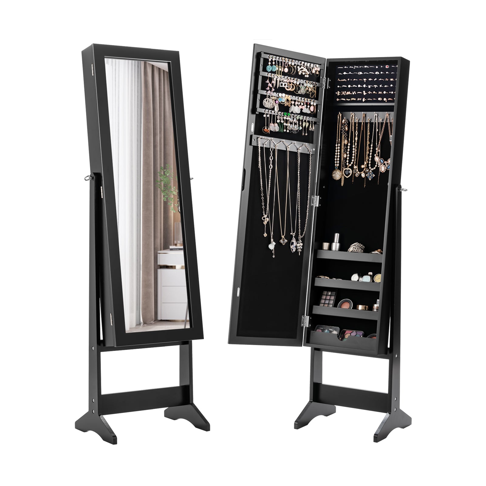 New Mirrored Jewelry Cabinet Armoire Mirror Organizer Storage Box Ring w/ Stand-BlackÂ