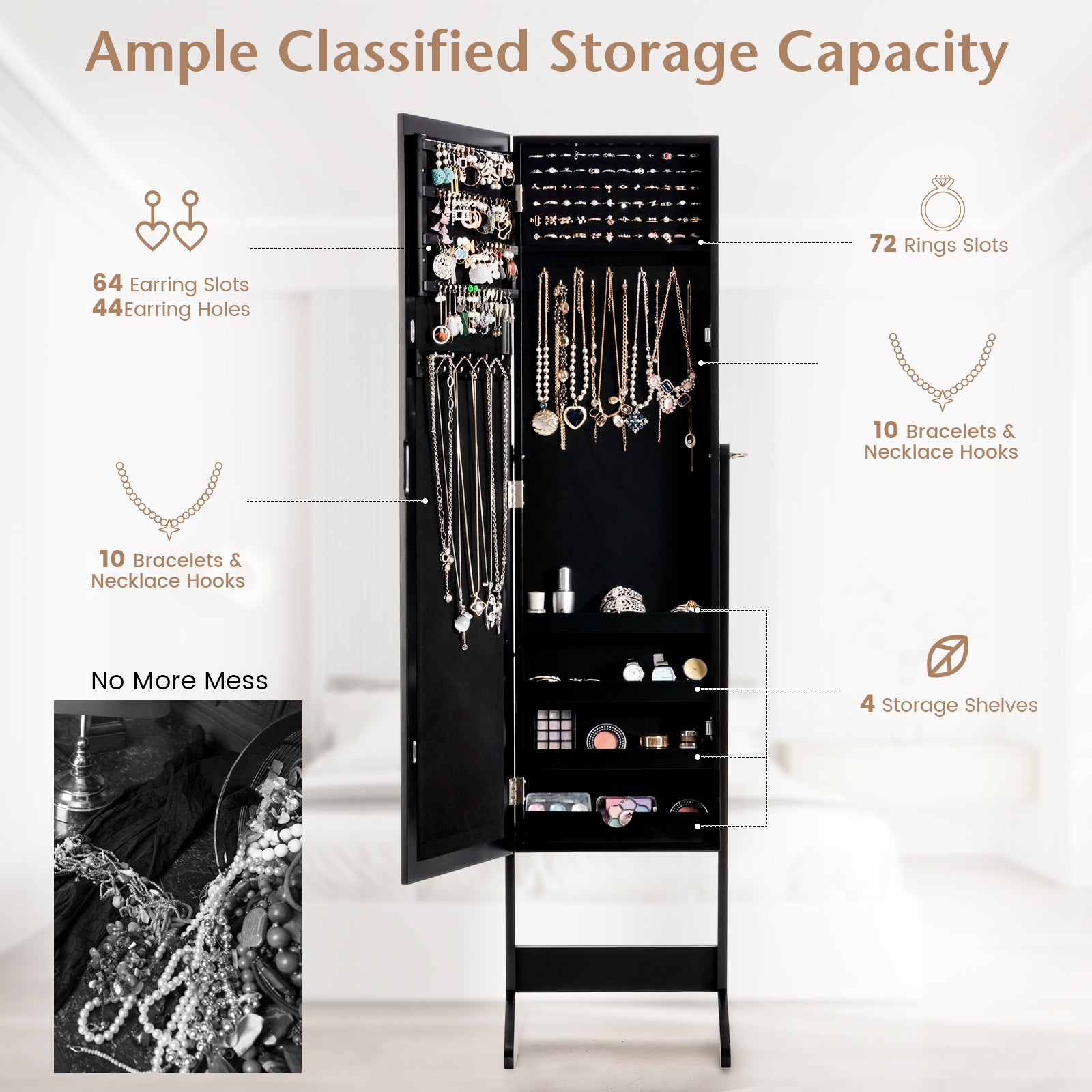 New Mirrored Jewelry Cabinet Armoire Mirror Organizer Storage Box Ring w/ Stand-BlackÂ
