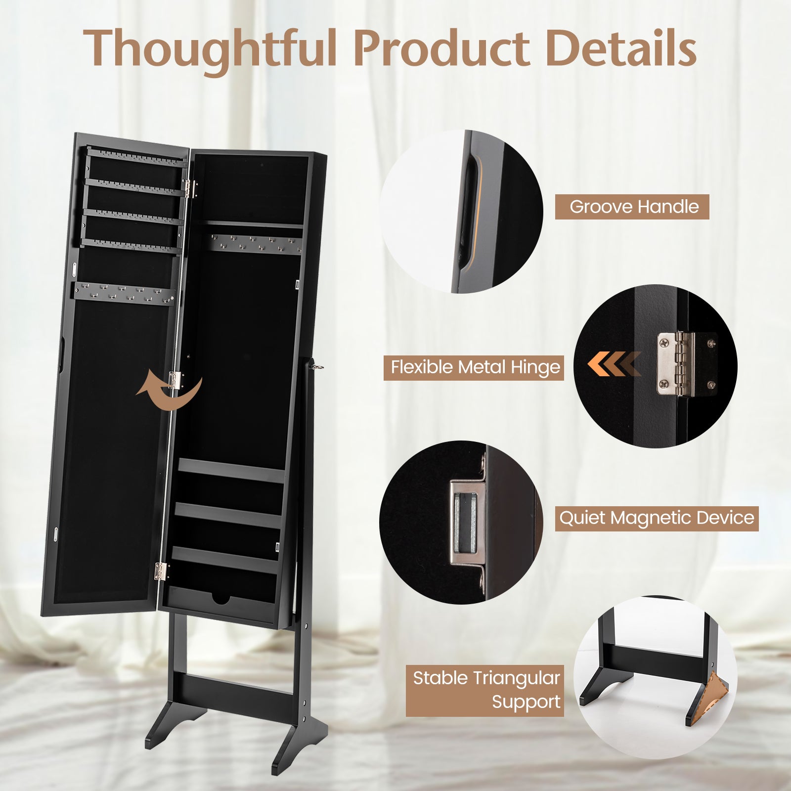 New Mirrored Jewelry Cabinet Armoire Mirror Organizer Storage Box Ring w/ Stand-BlackÂ