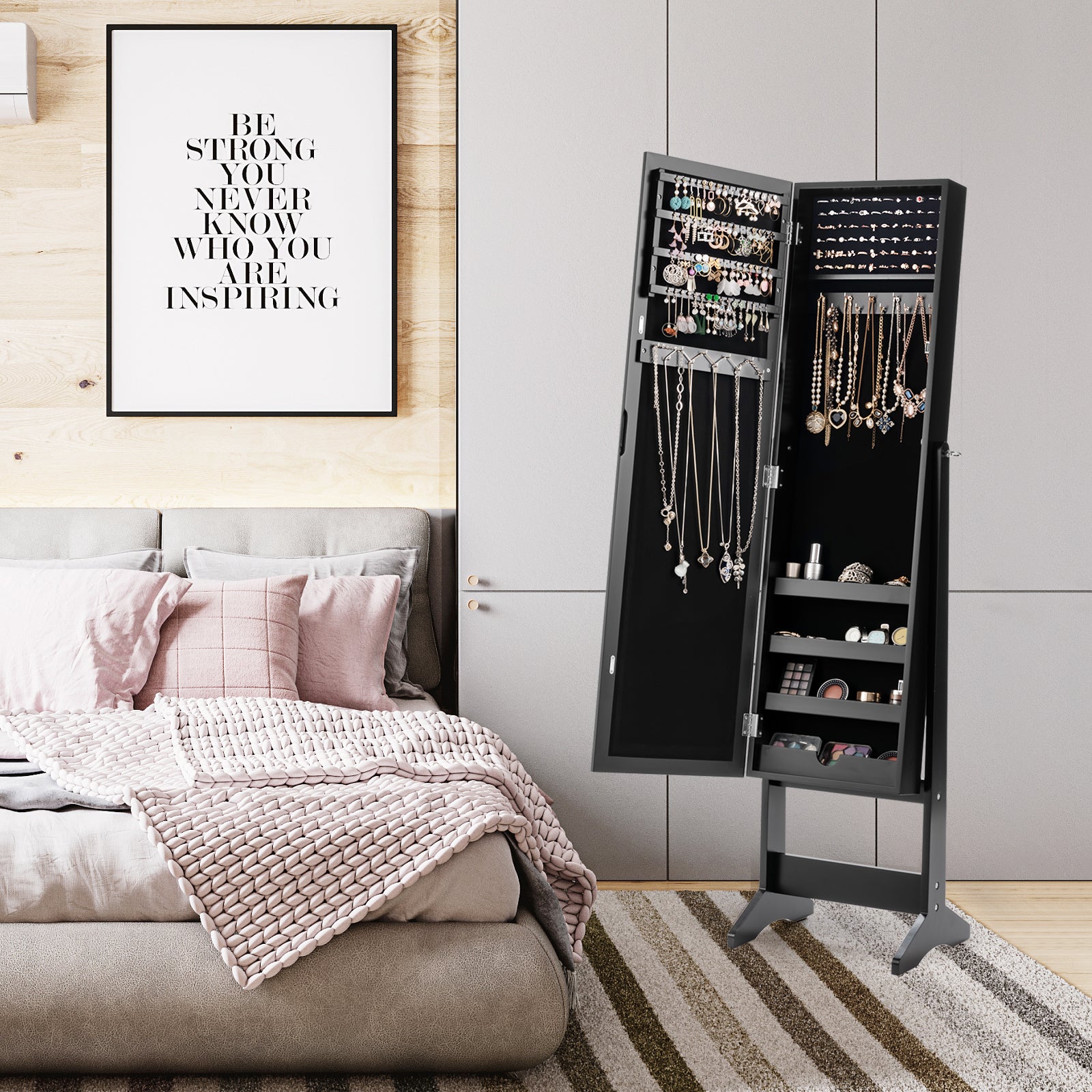 New Mirrored Jewelry Cabinet Armoire Mirror Organizer Storage Box Ring w/ Stand-BlackÂ