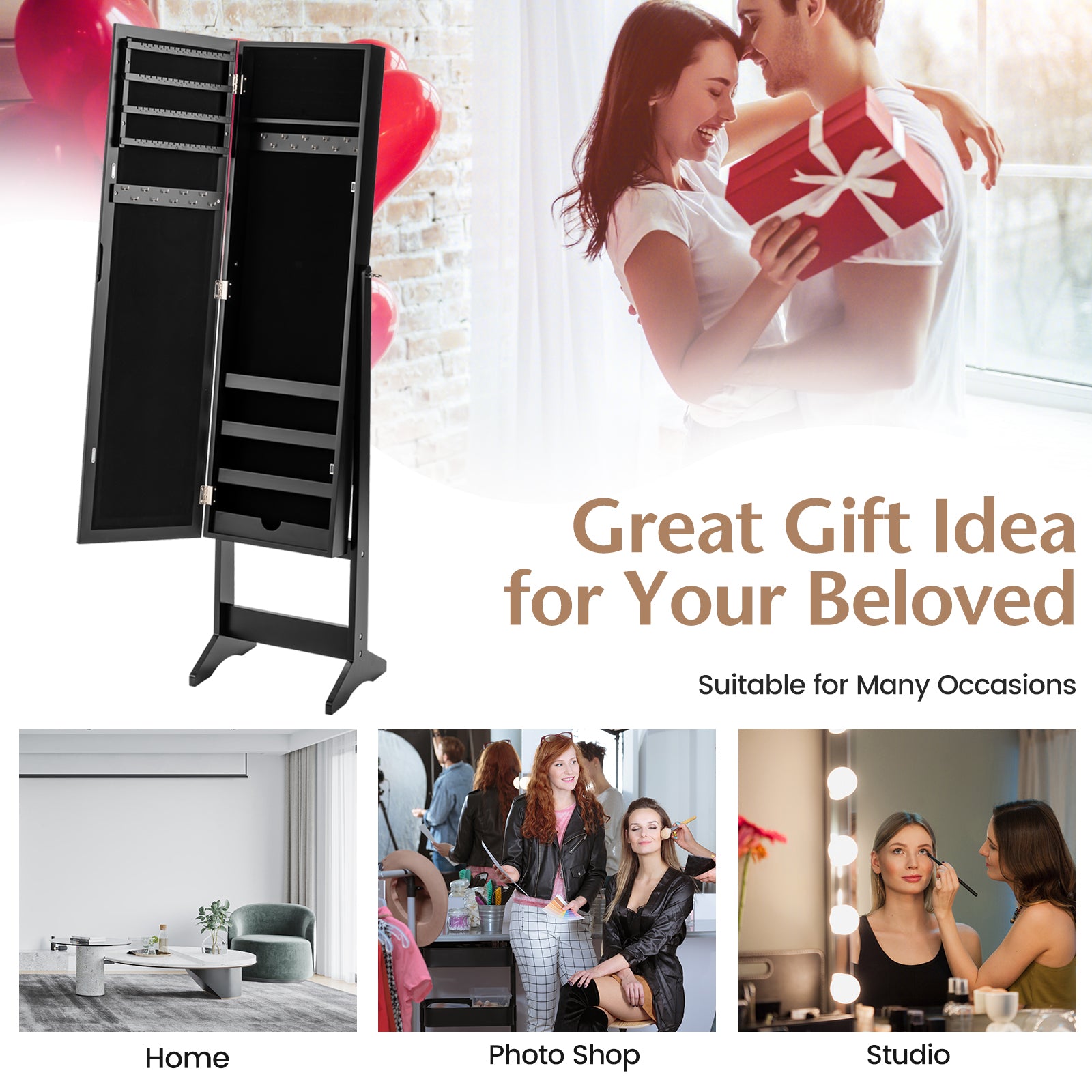 New Mirrored Jewelry Cabinet Armoire Mirror Organizer Storage Box Ring w/ Stand-BlackÂ