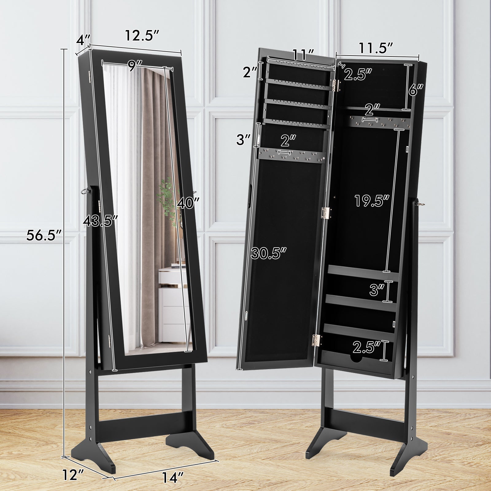 New Mirrored Jewelry Cabinet Armoire Mirror Organizer Storage Box Ring w/ Stand-BlackÂ