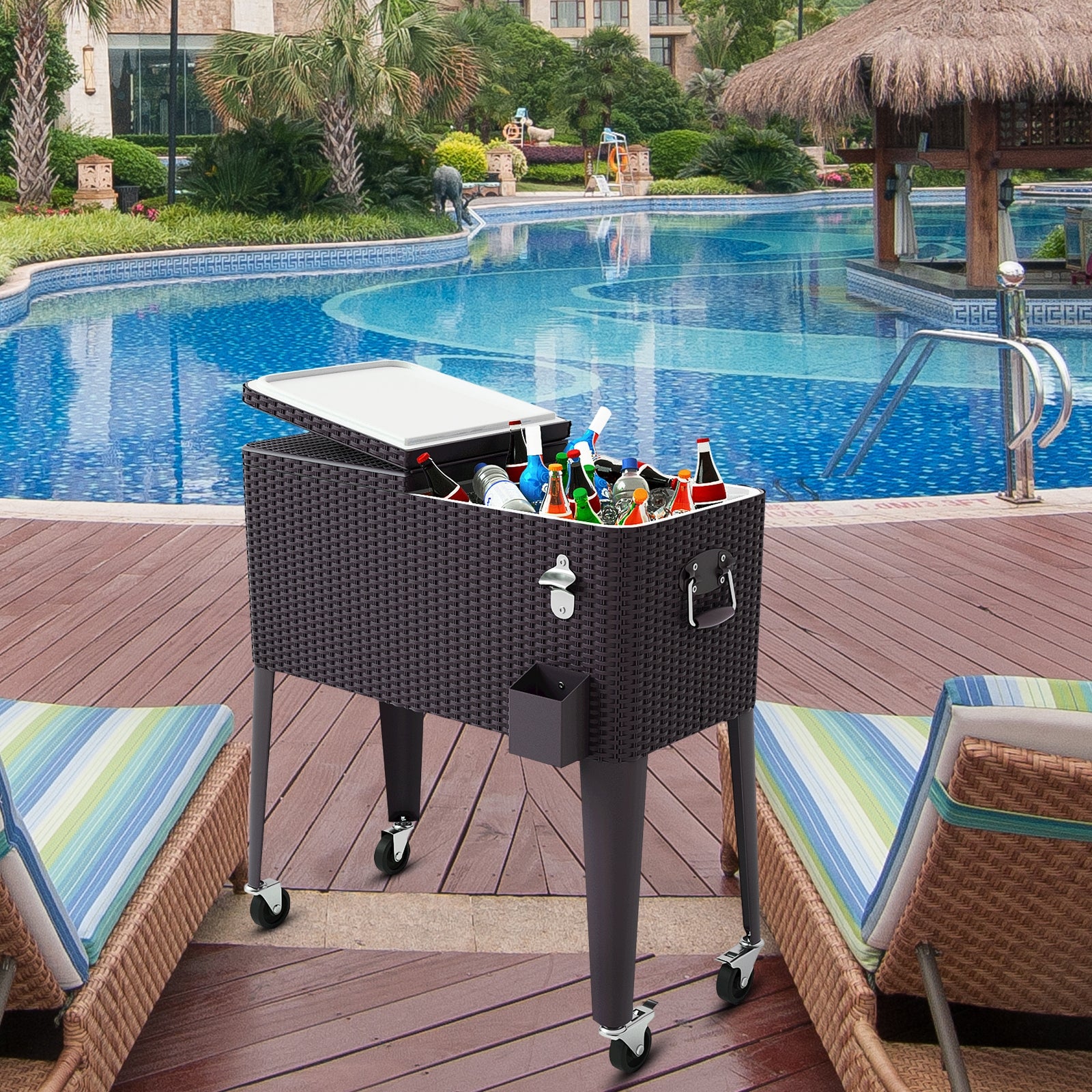 80QT Outdoor Party Portable Rattan Rolling Cooler CartÂ