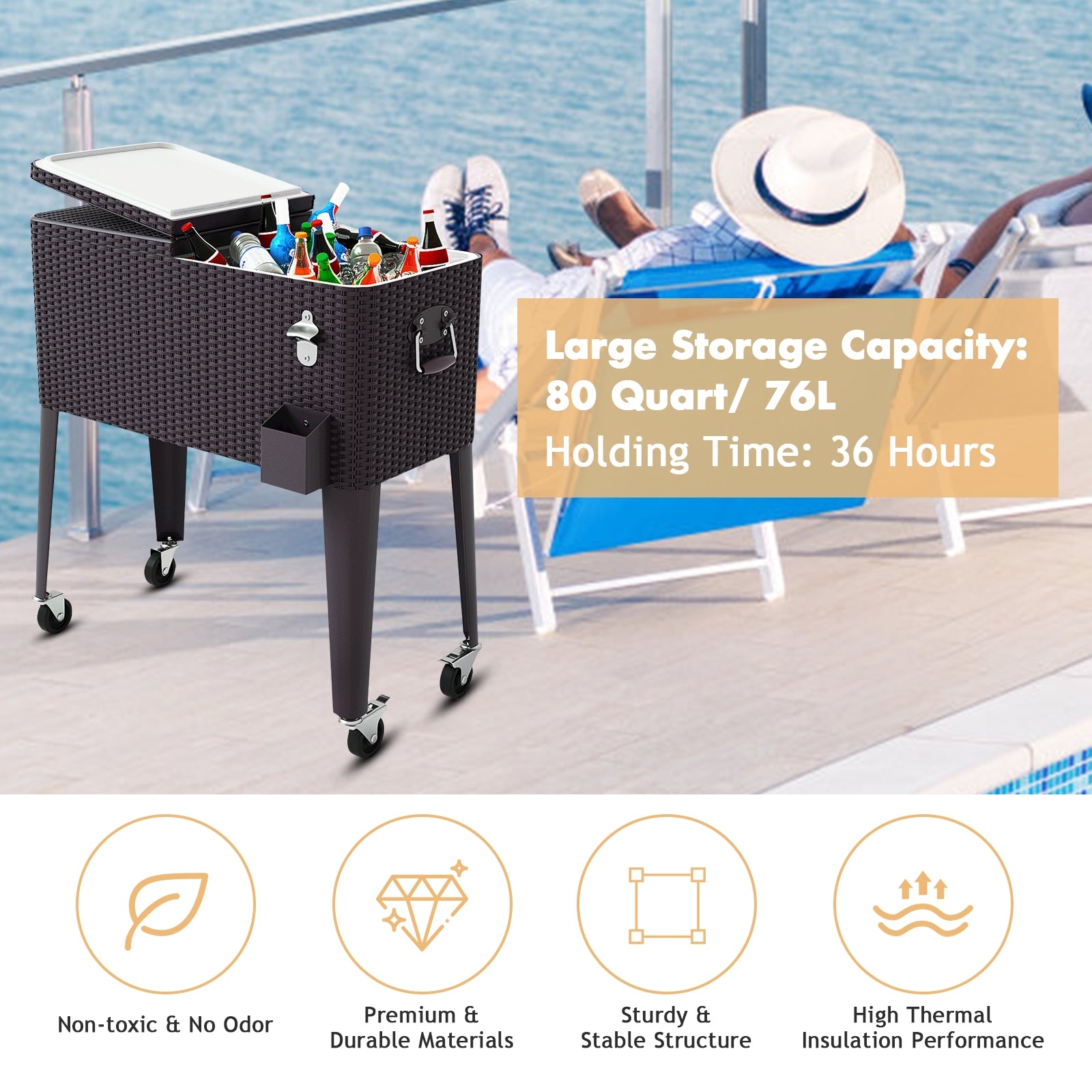 80QT Outdoor Party Portable Rattan Rolling Cooler CartÂ