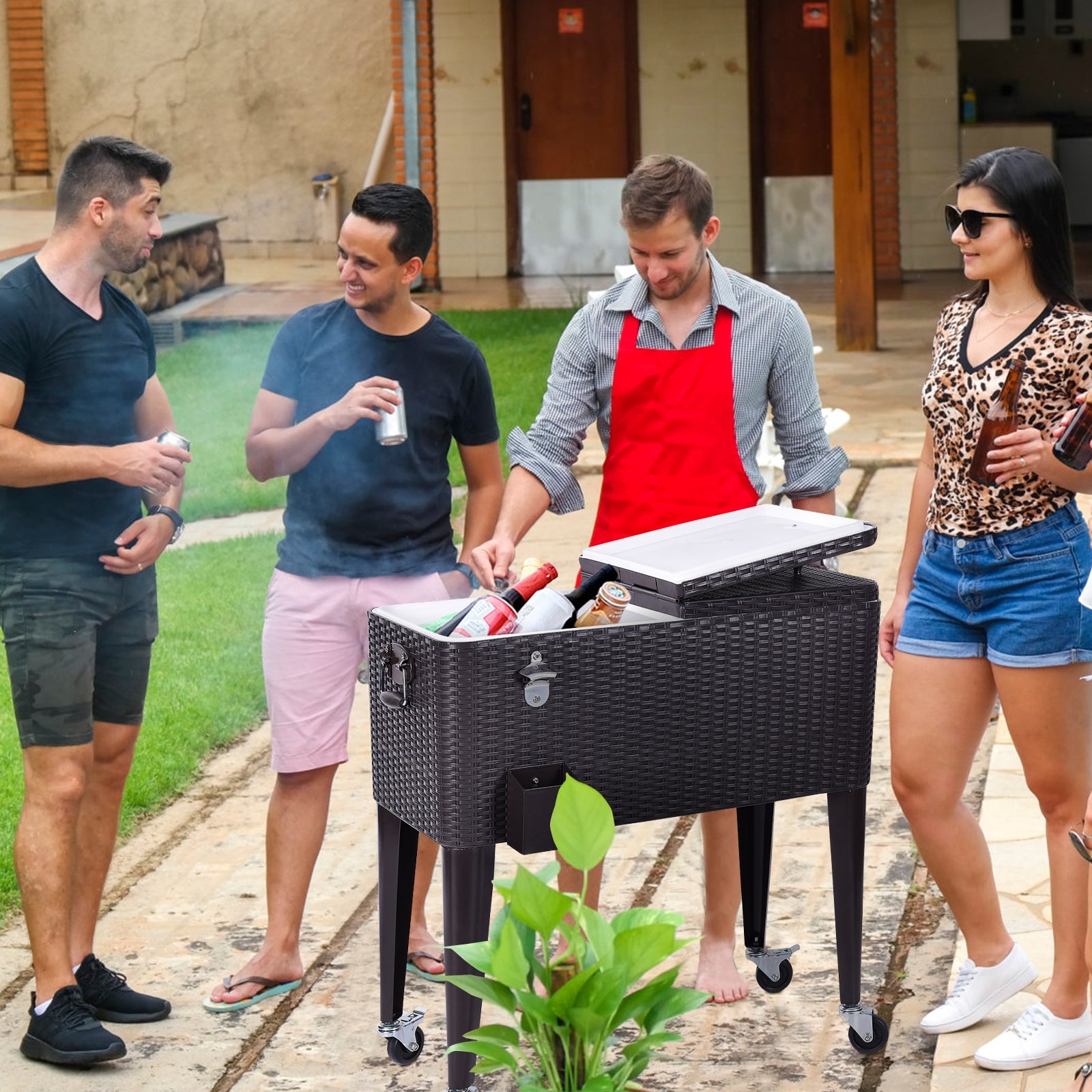 80QT Outdoor Party Portable Rattan Rolling Cooler CartÂ