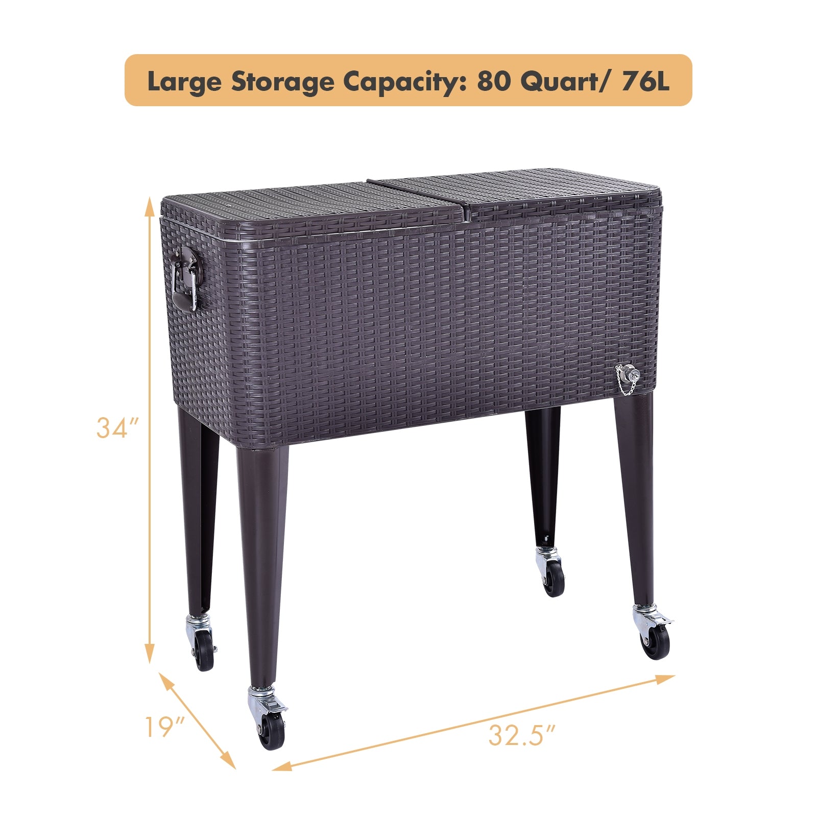80QT Outdoor Party Portable Rattan Rolling Cooler CartÂ