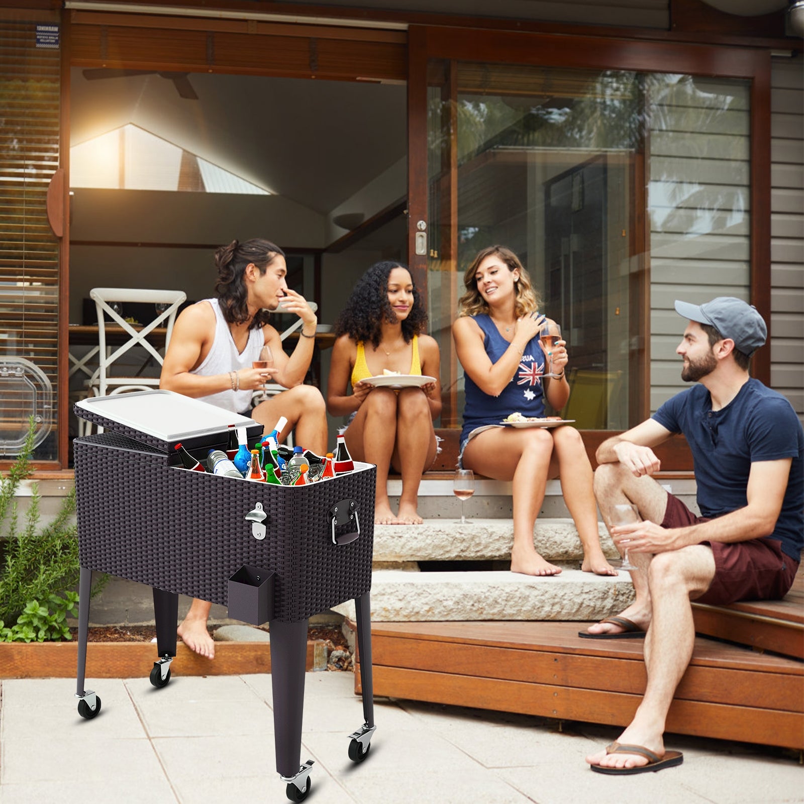 80QT Outdoor Party Portable Rattan Rolling Cooler CartÂ